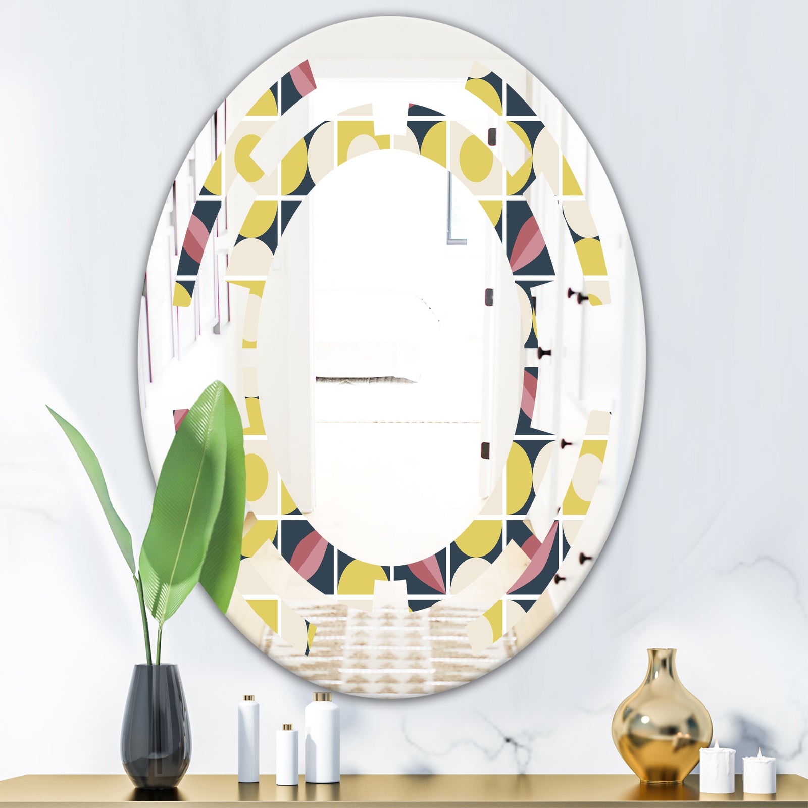 retro pattern in mosaic style - Modern Round or Oval Wall Mirror - Space