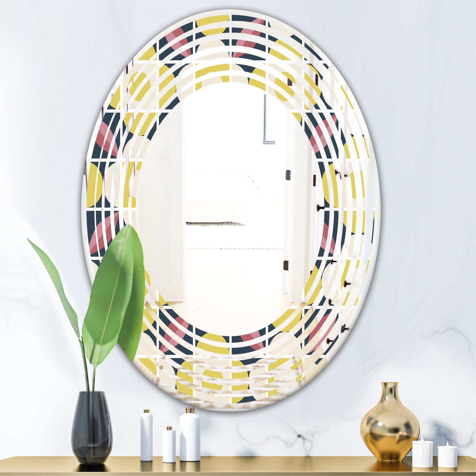 retro pattern in mosaic style - Modern Round or Oval Wall Mirror - Wave