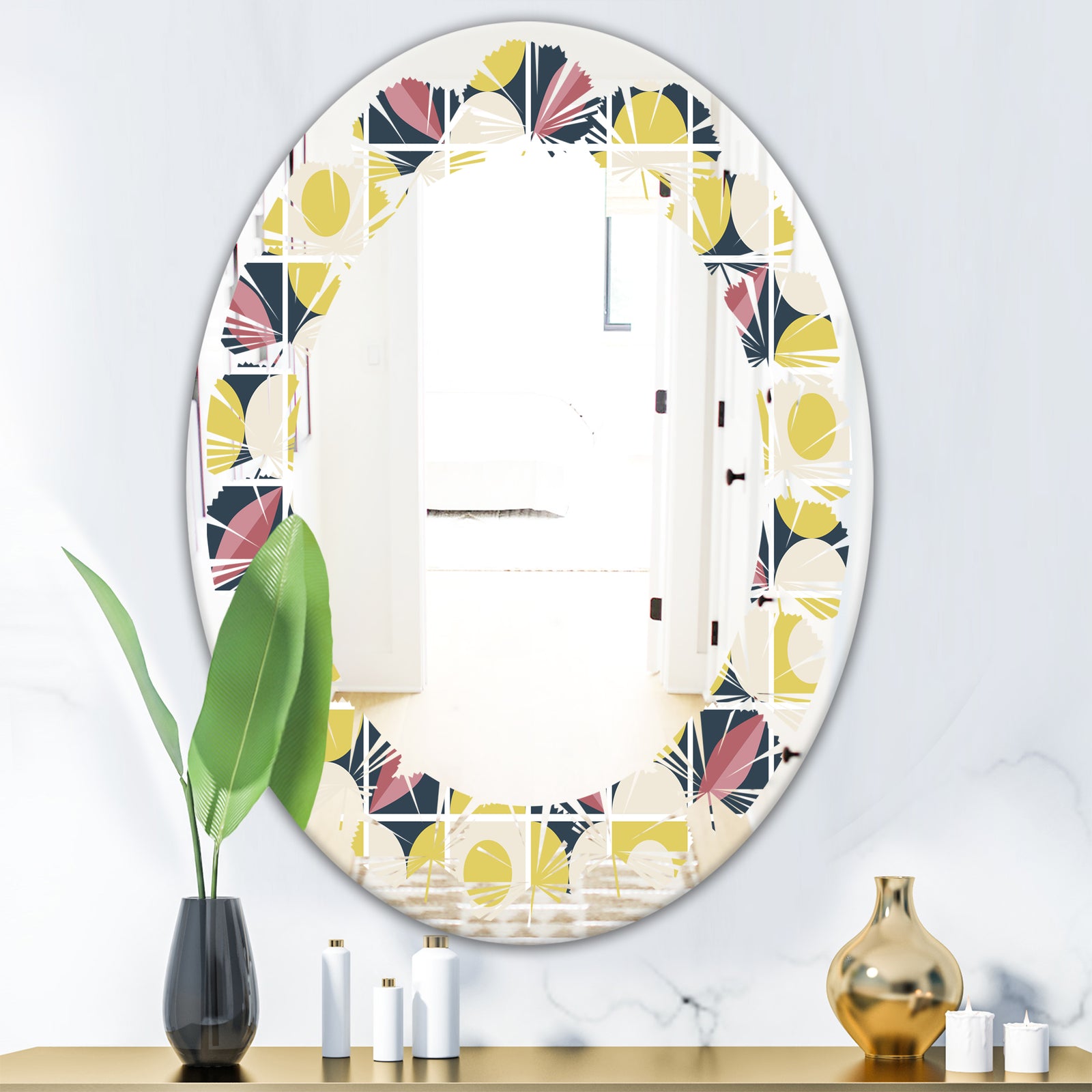 retro pattern in mosaic style - Modern Round or Oval Wall Mirror - Leaves