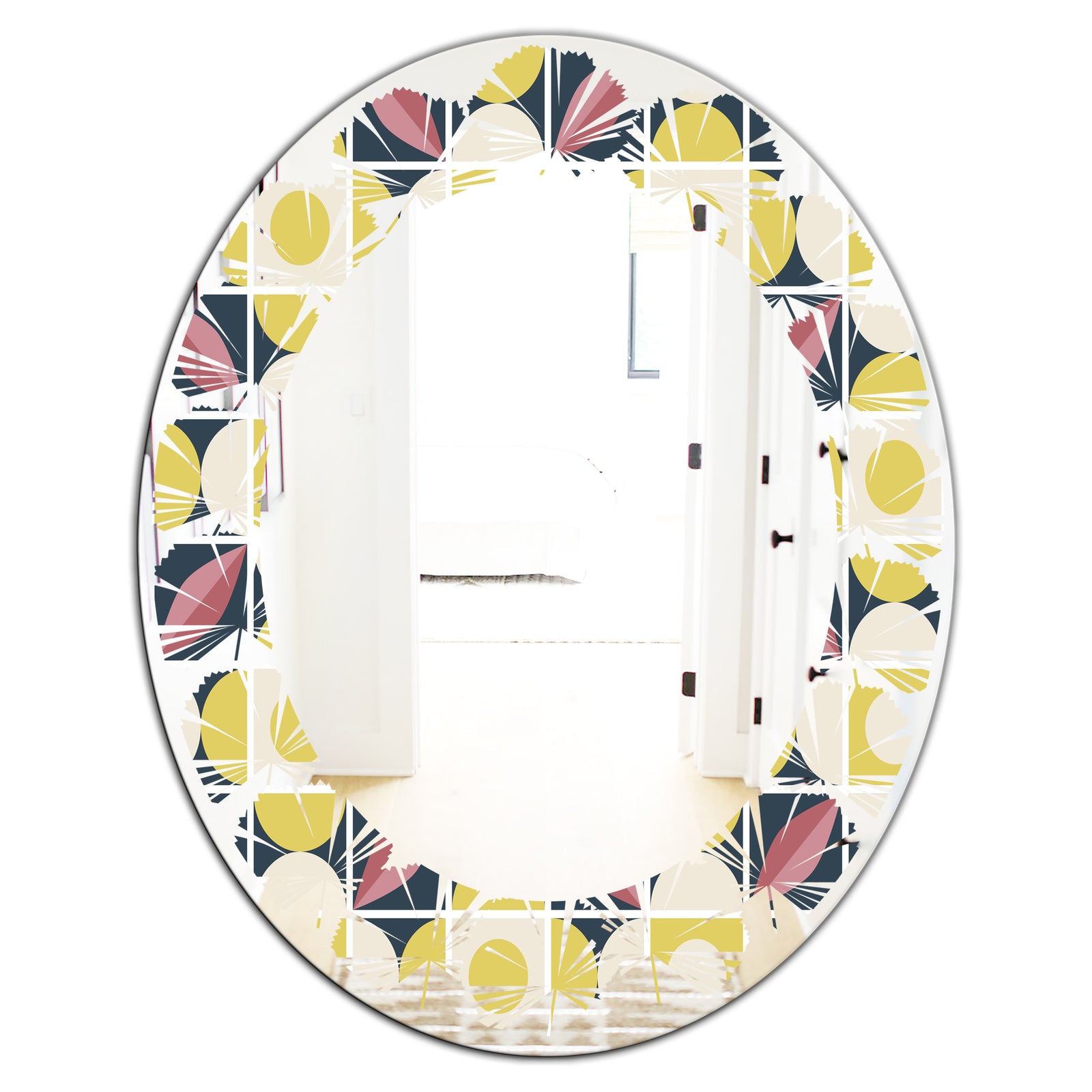 retro pattern in mosaic style - Modern Round or Oval Wall Mirror - Leaves