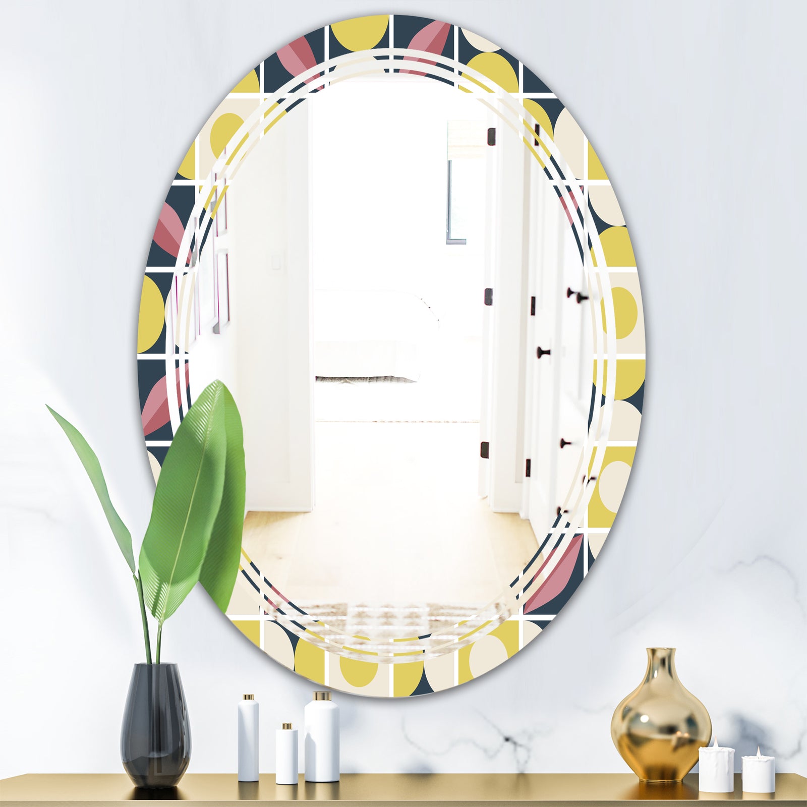 retro pattern in mosaic style - Modern Round or Oval Wall Mirror - Triple C