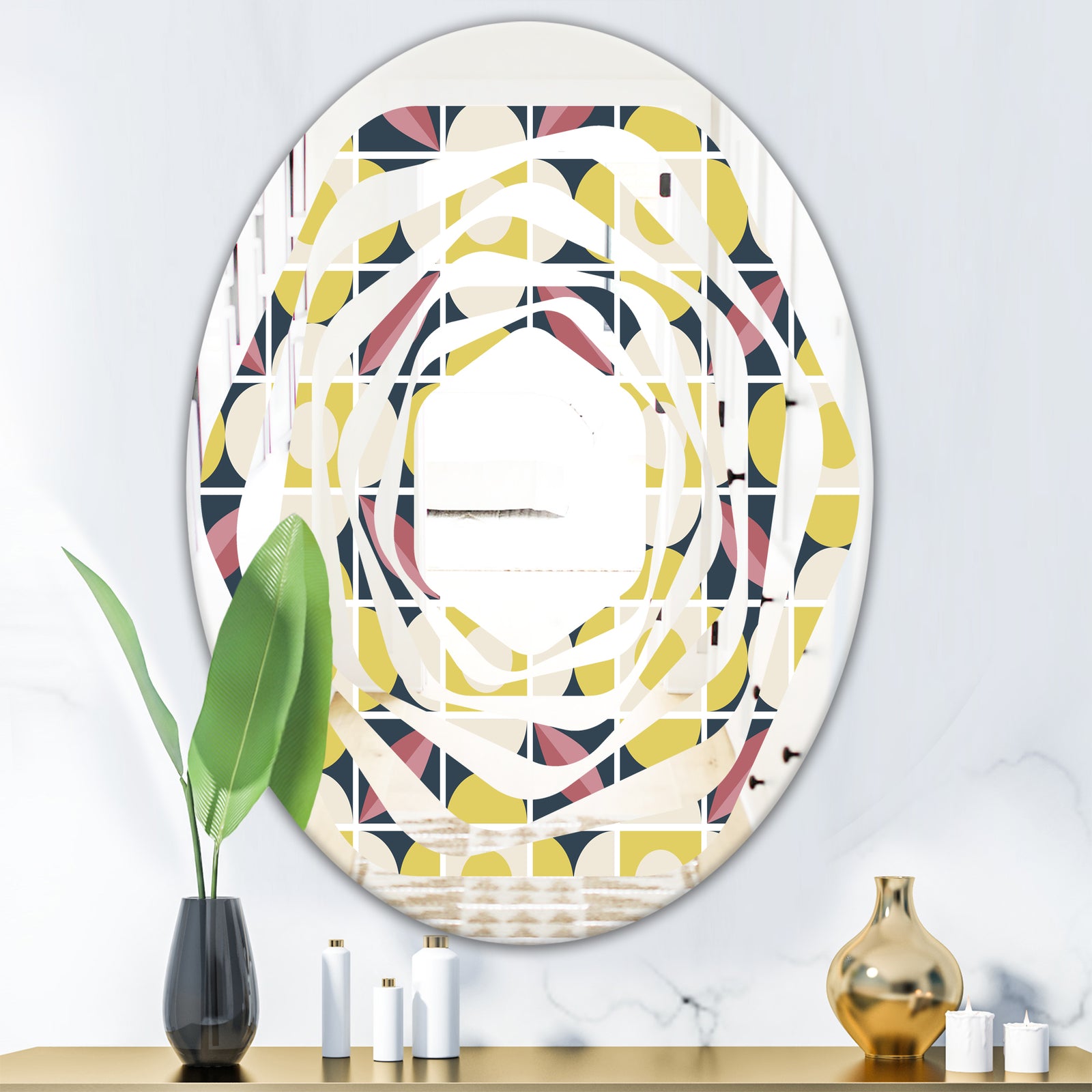 retro pattern in mosaic style - Modern Round or Oval Wall Mirror - Whirl