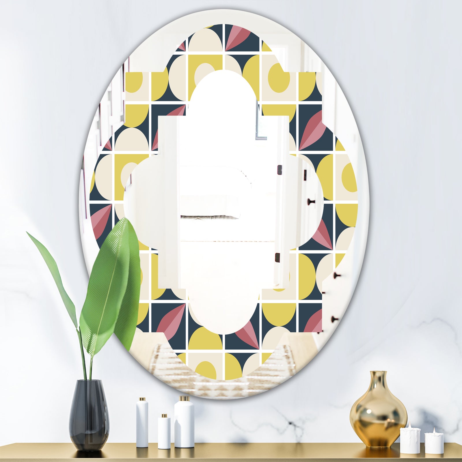 retro pattern in mosaic style - Modern Round or Oval Wall Mirror - Quatrefoil