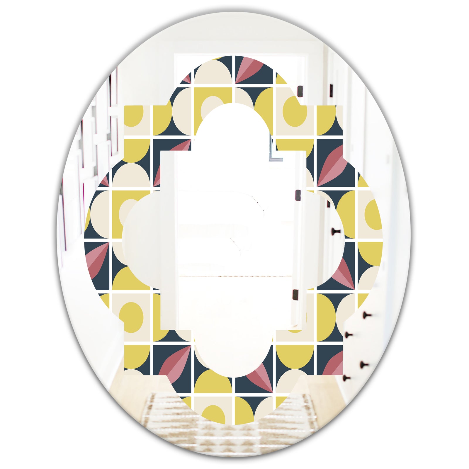 retro pattern in mosaic style - Modern Round or Oval Wall Mirror - Quatrefoil