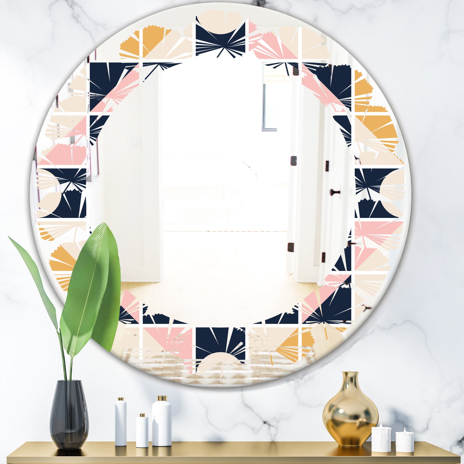 Geometrical Retro Design I - Modern Round or Oval Wall Mirror - Leaves