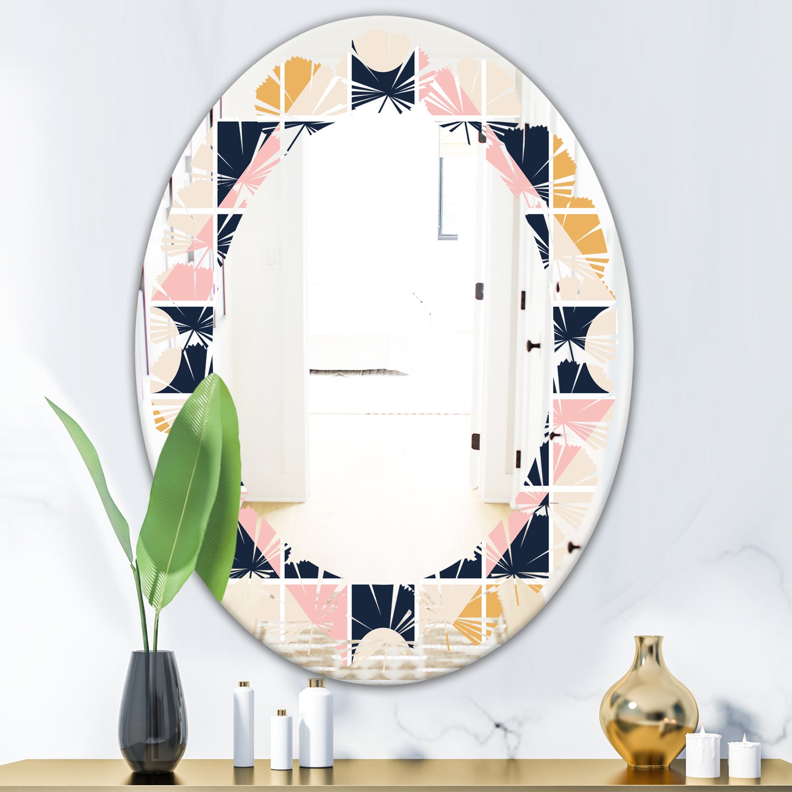 Geometrical Retro Design I - Modern Round or Oval Wall Mirror - Leaves
