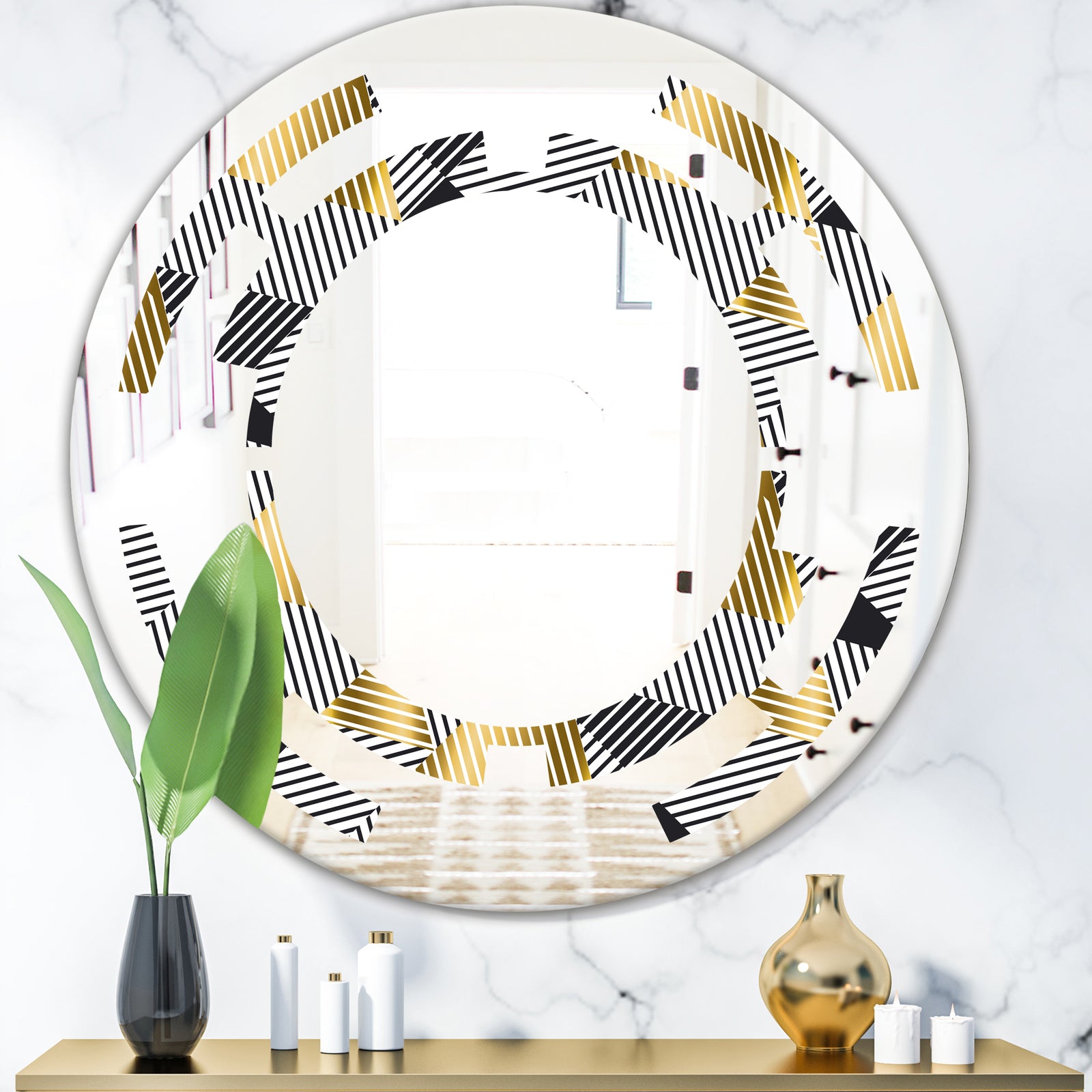 Retro Luxury Waves In Gold and Blue VI - Modern Round or Oval Wall Mirror - Space