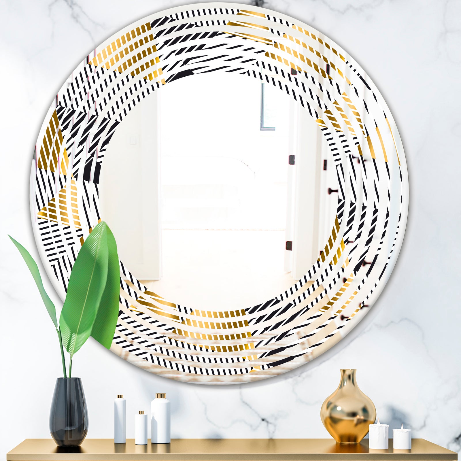Retro Luxury Waves In Gold and Blue VI - Modern Round or Oval Wall Mirror - Wave