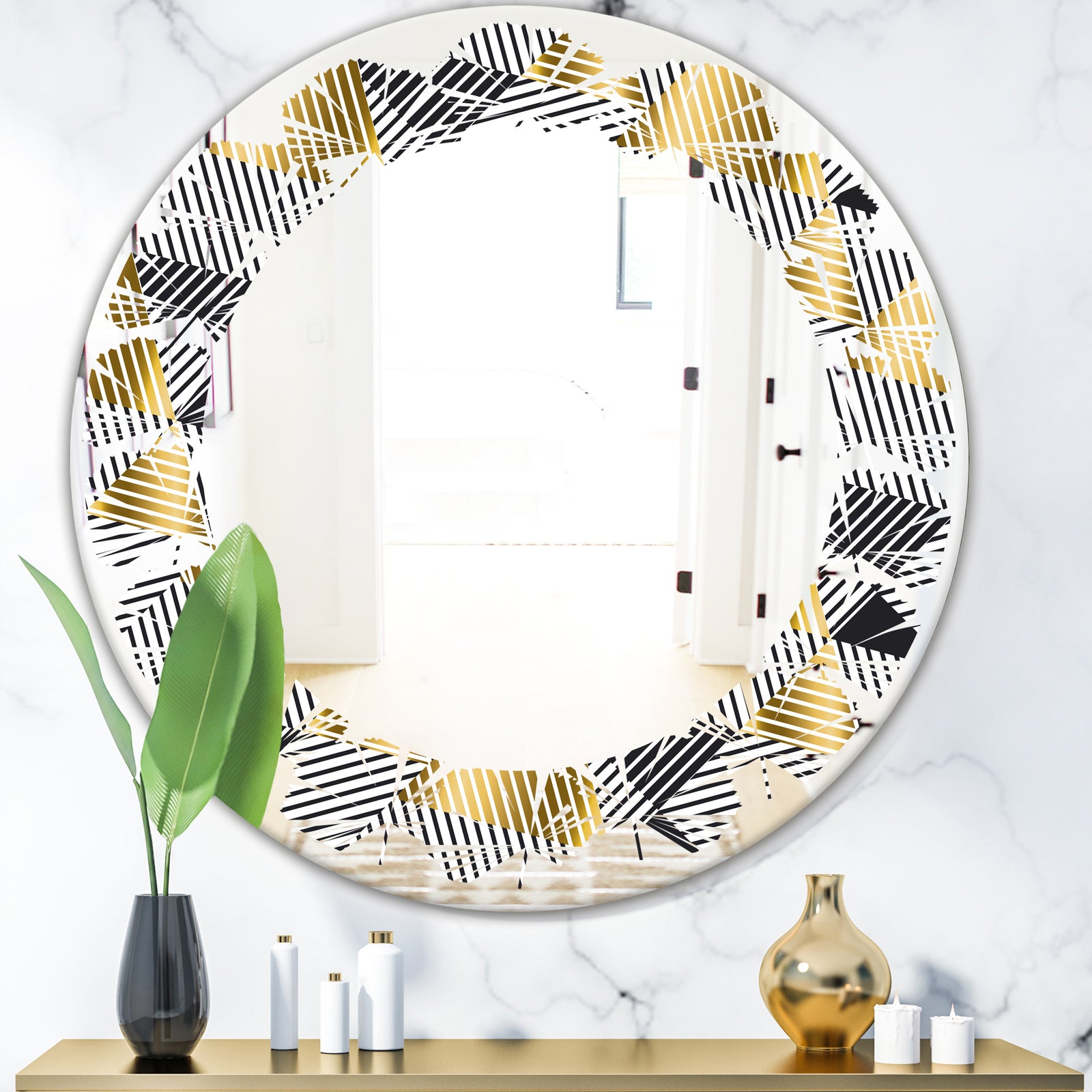 Retro Luxury Waves In Gold and Blue VI - Modern Round or Oval Wall Mirror - Leaves