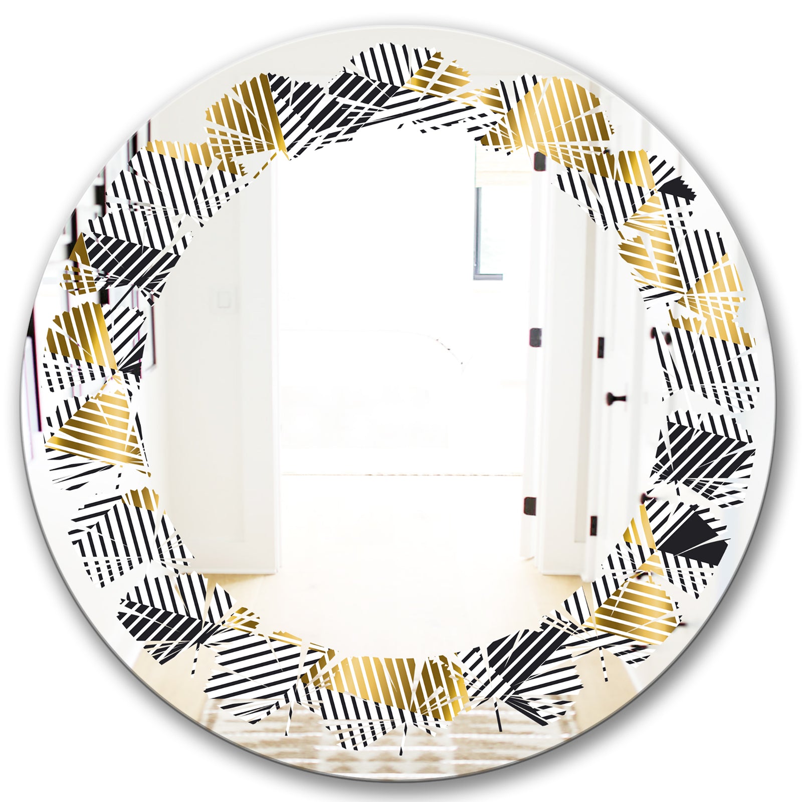 Retro Luxury Waves In Gold and Blue VI - Modern Round or Oval Wall Mirror - Leaves