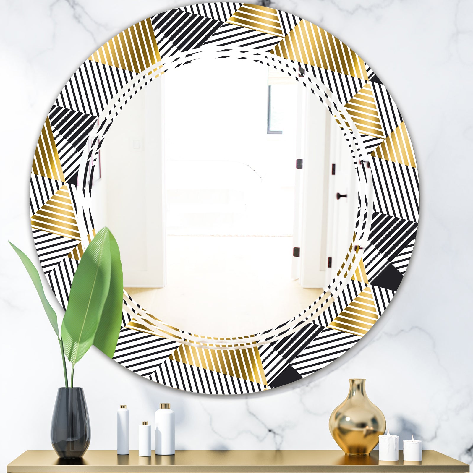 Retro Luxury Waves In Gold and Blue VI - Modern Round or Oval Wall Mirror - Triple C