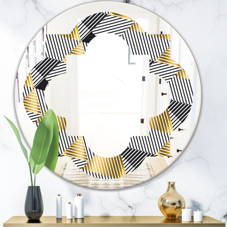 Retro Luxury Waves In Gold and Blue VI - Modern Round or Oval Wall Mirror - Quatrefoil