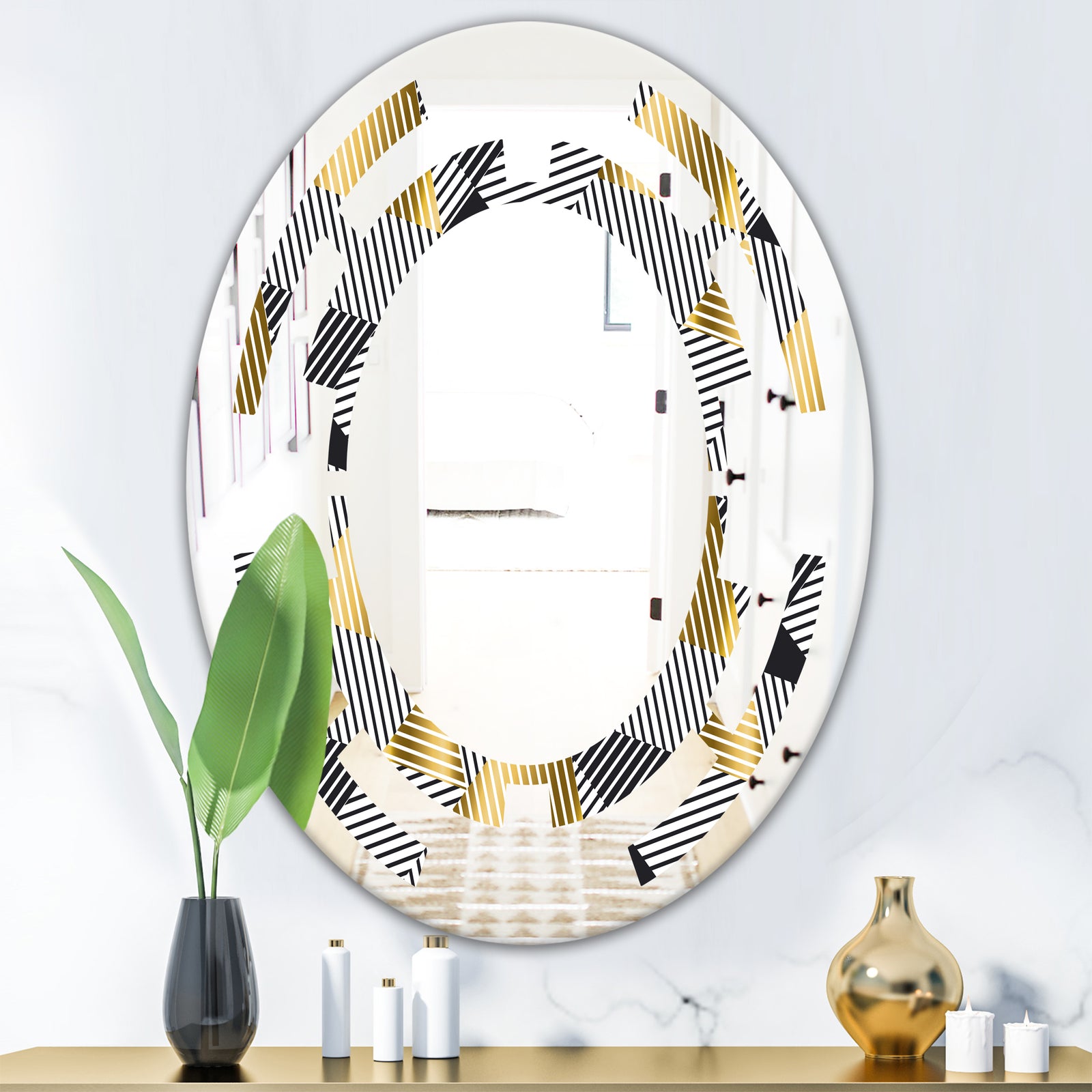 Retro Luxury Waves In Gold and Blue VI - Modern Round or Oval Wall Mirror - Space