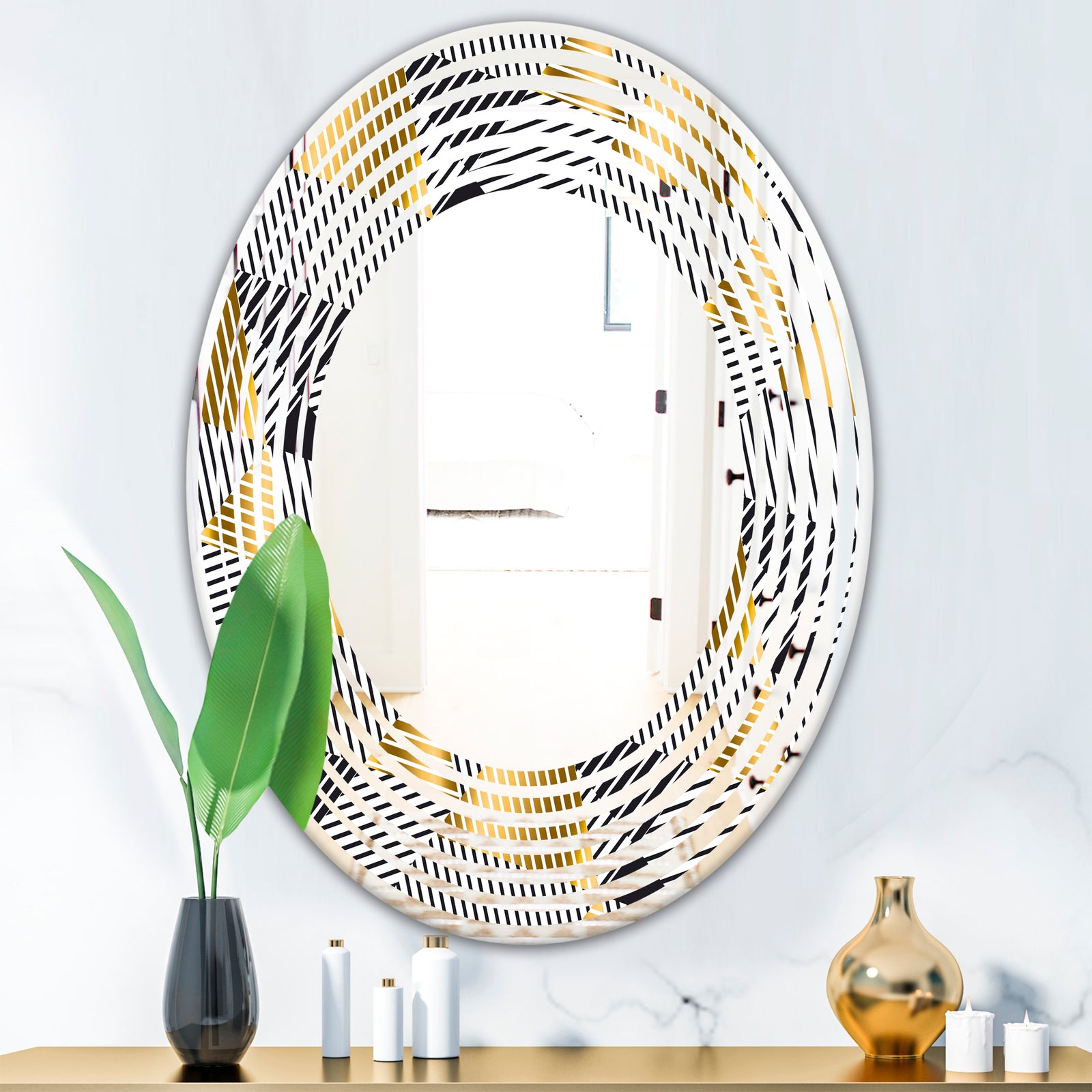 Retro Luxury Waves In Gold and Blue VI - Modern Round or Oval Wall Mirror - Wave