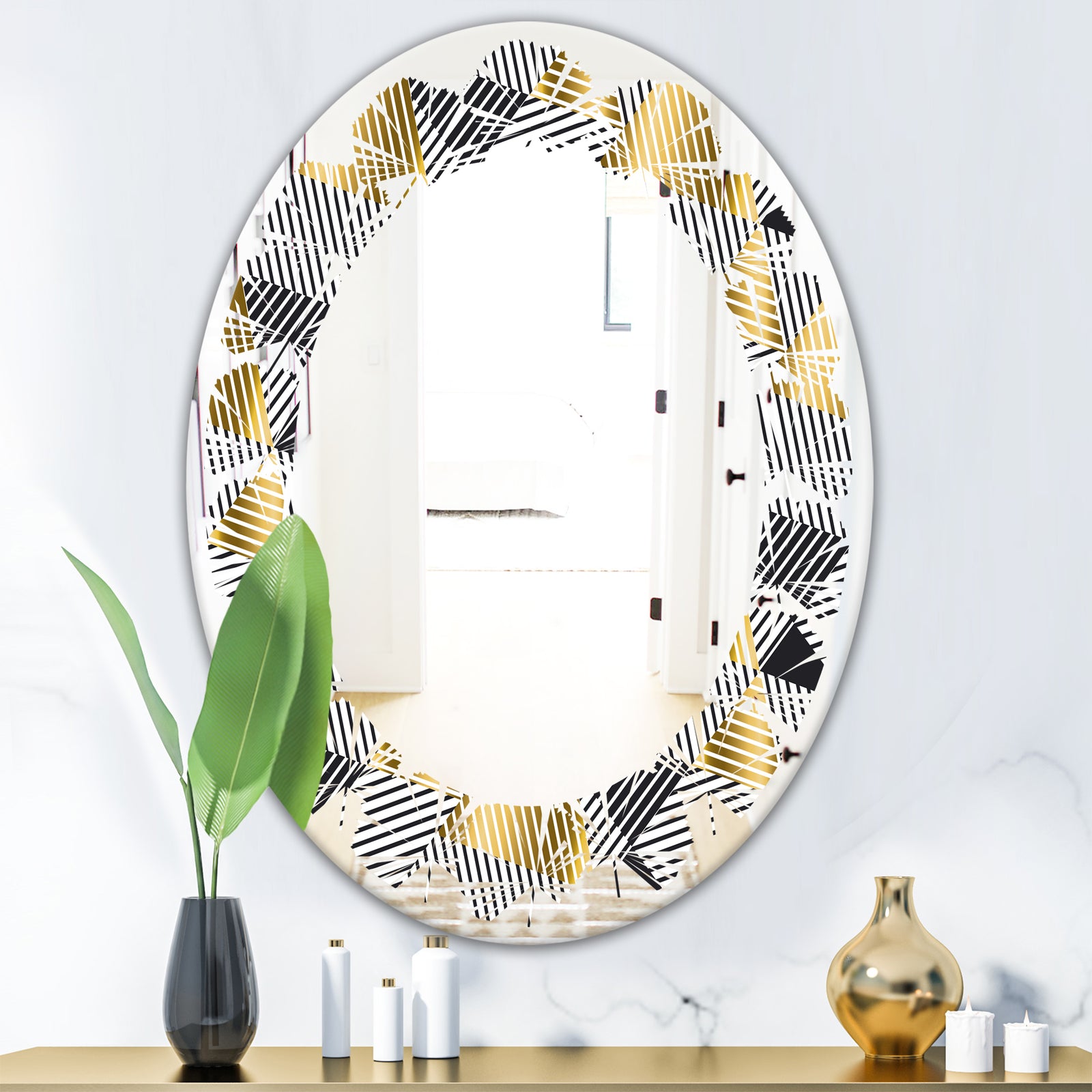 Retro Luxury Waves In Gold and Blue VI - Modern Round or Oval Wall Mirror - Leaves