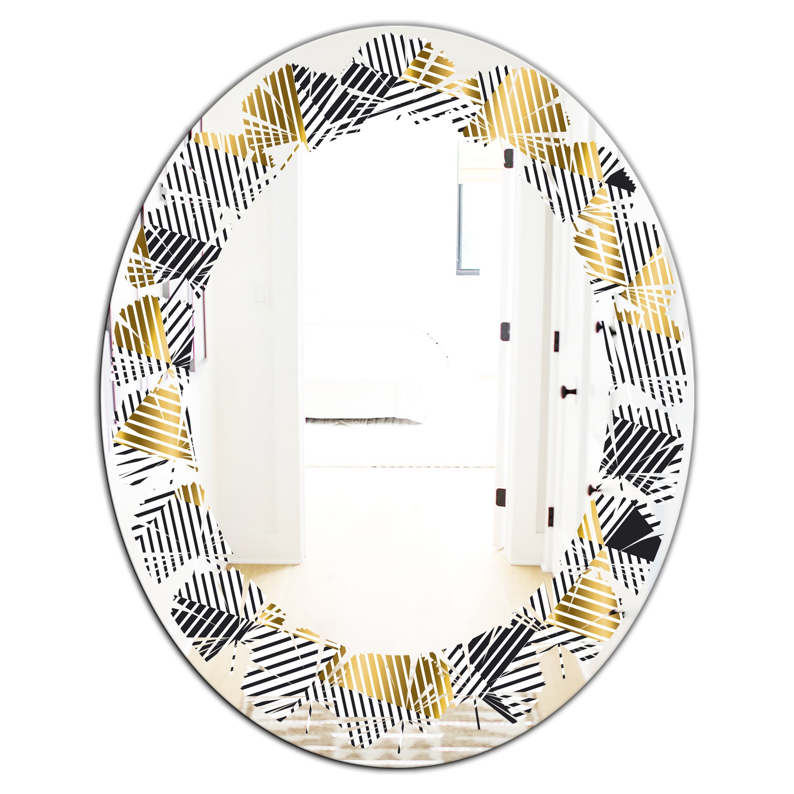 Retro Luxury Waves In Gold and Blue VI - Modern Round or Oval Wall Mirror - Leaves