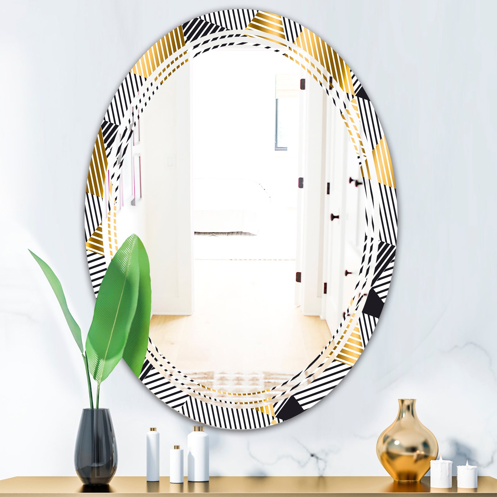 Retro Luxury Waves In Gold and Blue VI - Modern Round or Oval Wall Mirror - Triple C