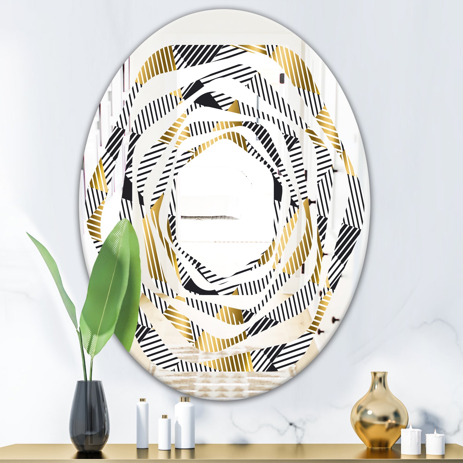 Retro Luxury Waves In Gold and Blue VI - Modern Round or Oval Wall Mirror - Whirl