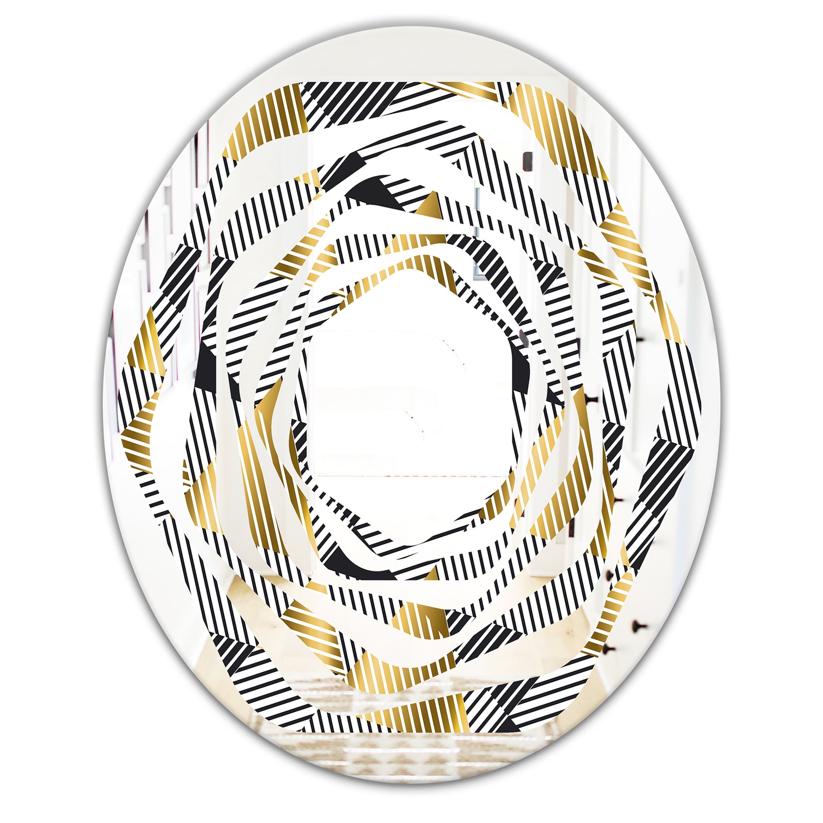 Retro Luxury Waves In Gold and Blue VI - Modern Round or Oval Wall Mirror - Whirl