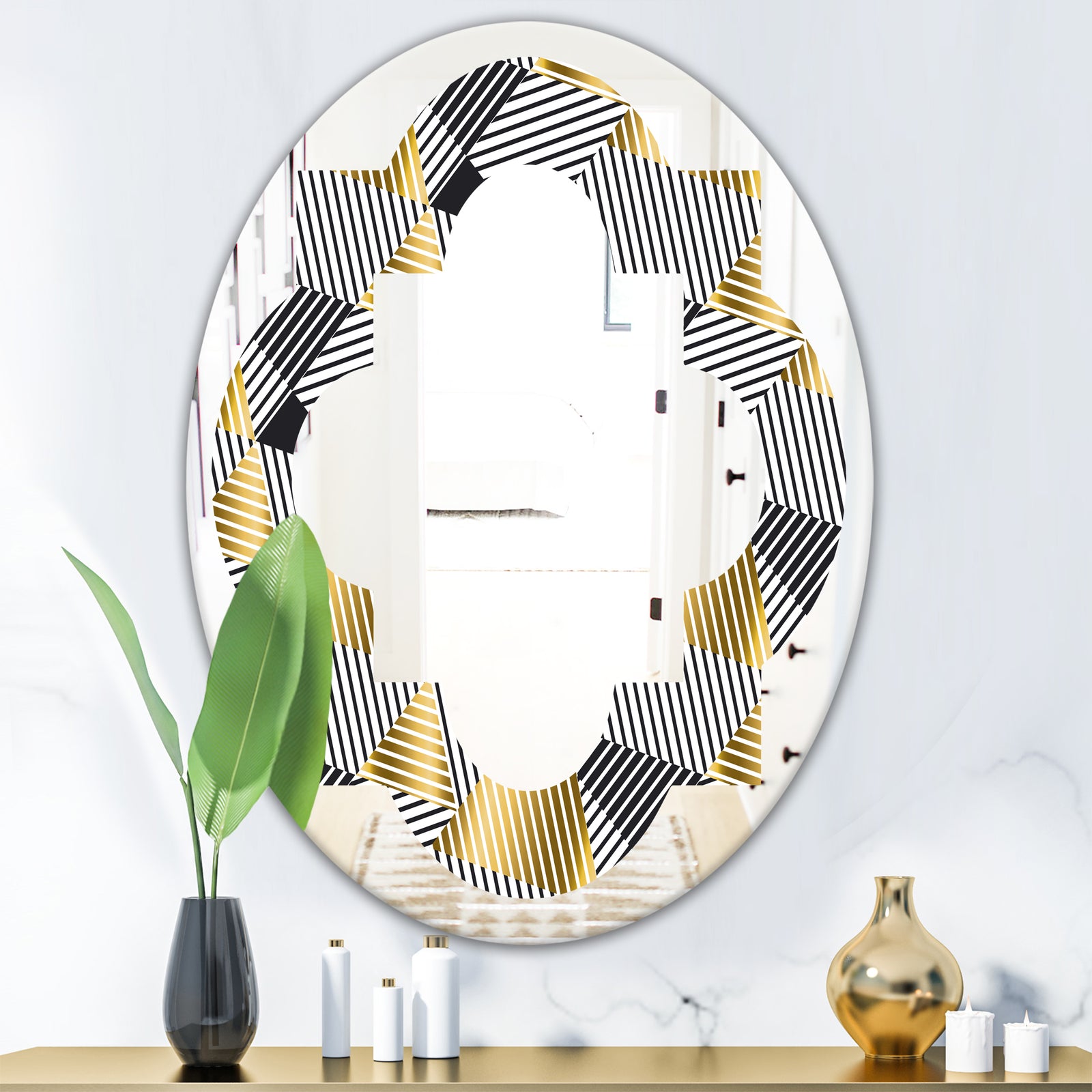 Retro Luxury Waves In Gold and Blue VI - Modern Round or Oval Wall Mirror - Quatrefoil