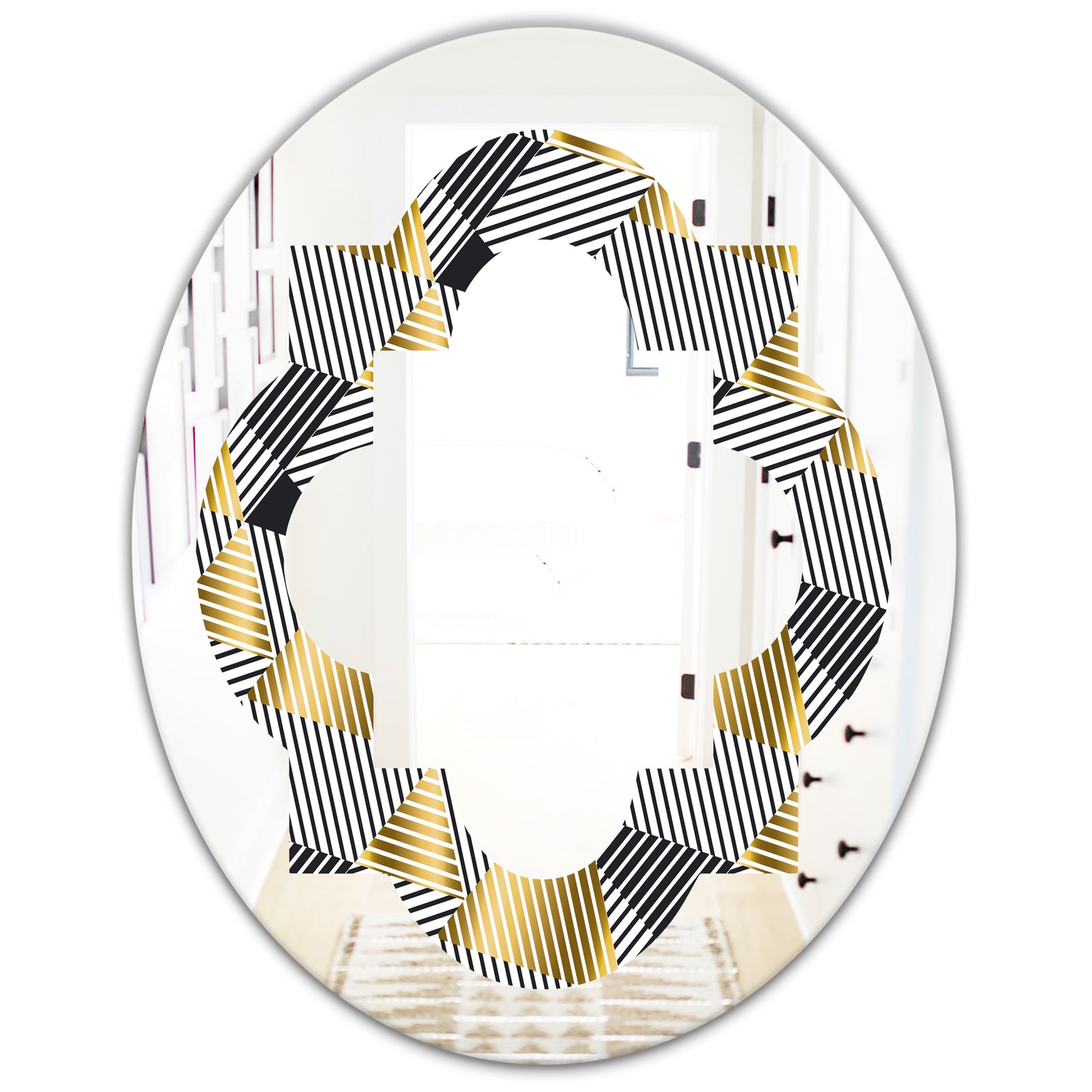 Retro Luxury Waves In Gold and Blue VI - Modern Round or Oval Wall Mirror - Quatrefoil