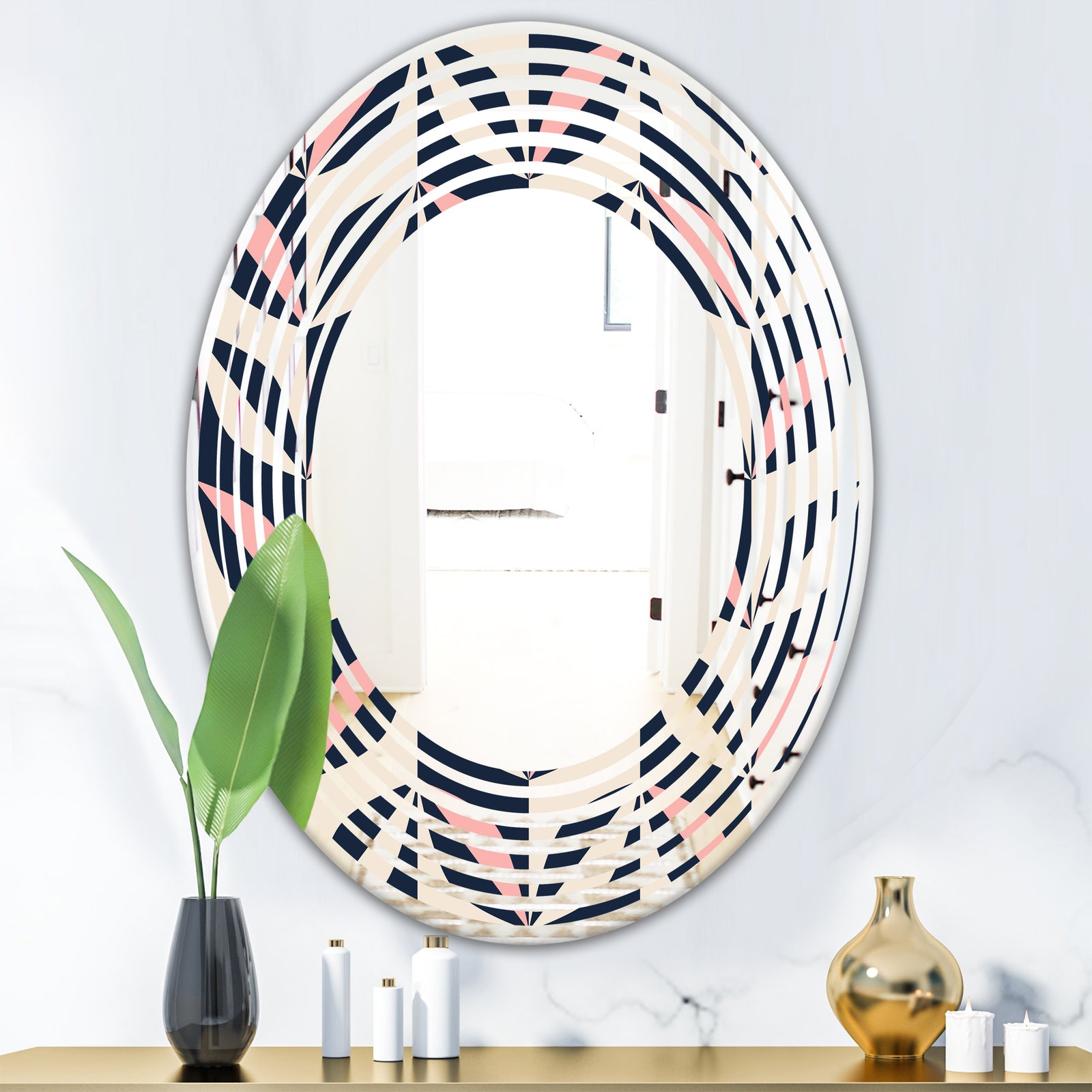 Floral Retro Botanical Pattern III - Modern Round or Oval Wall Mirror - Wave
