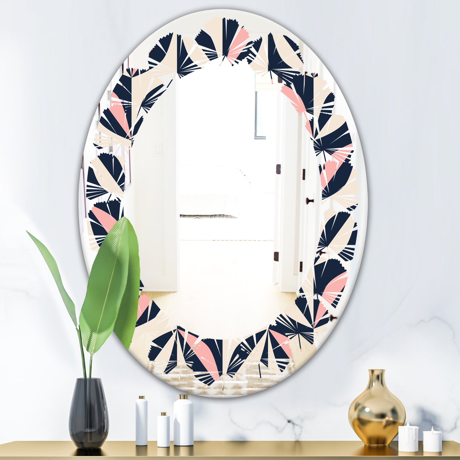 Floral Retro Botanical Pattern III - Modern Round or Oval Wall Mirror - Leaves