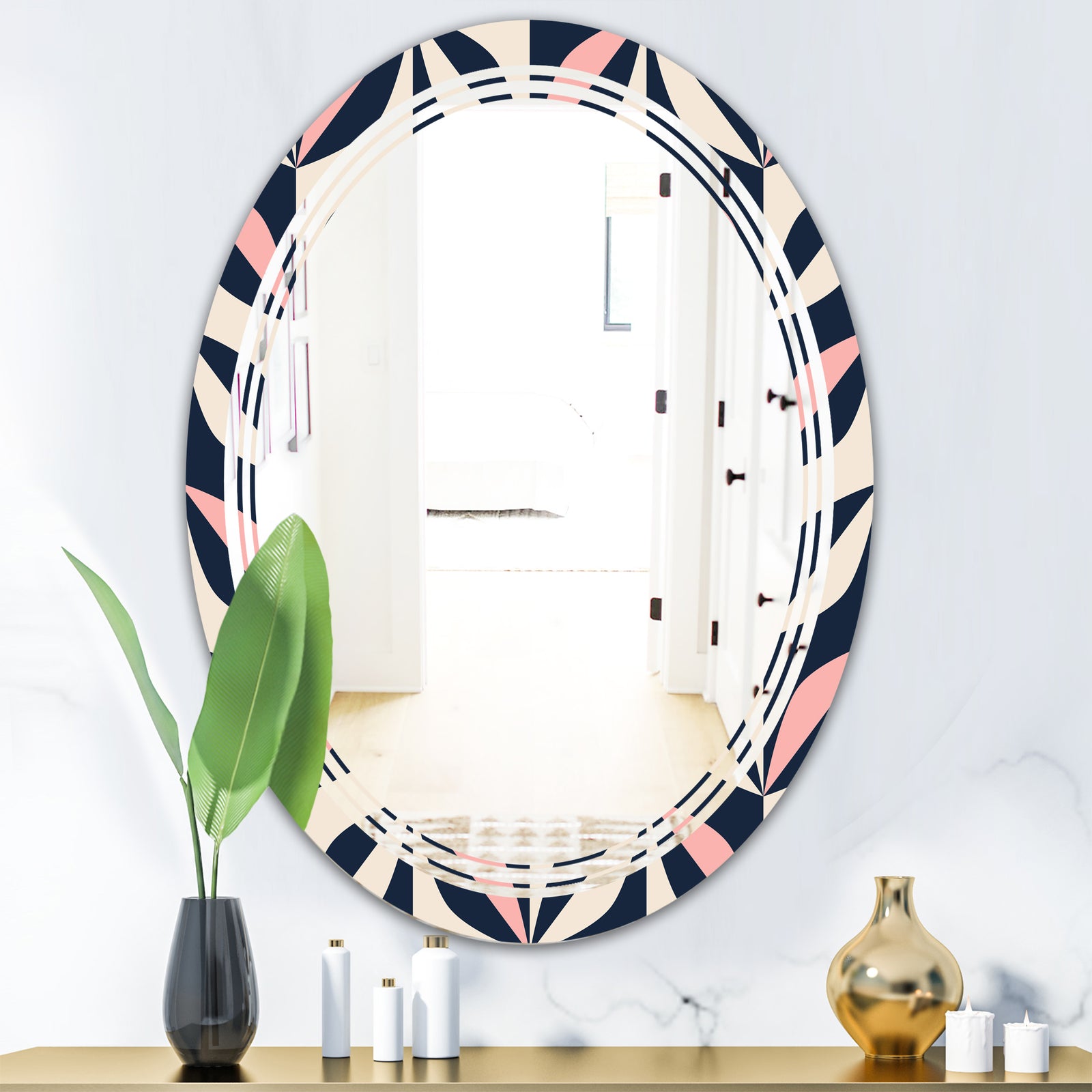 Floral Retro Botanical Pattern III - Modern Round or Oval Wall Mirror - Triple C