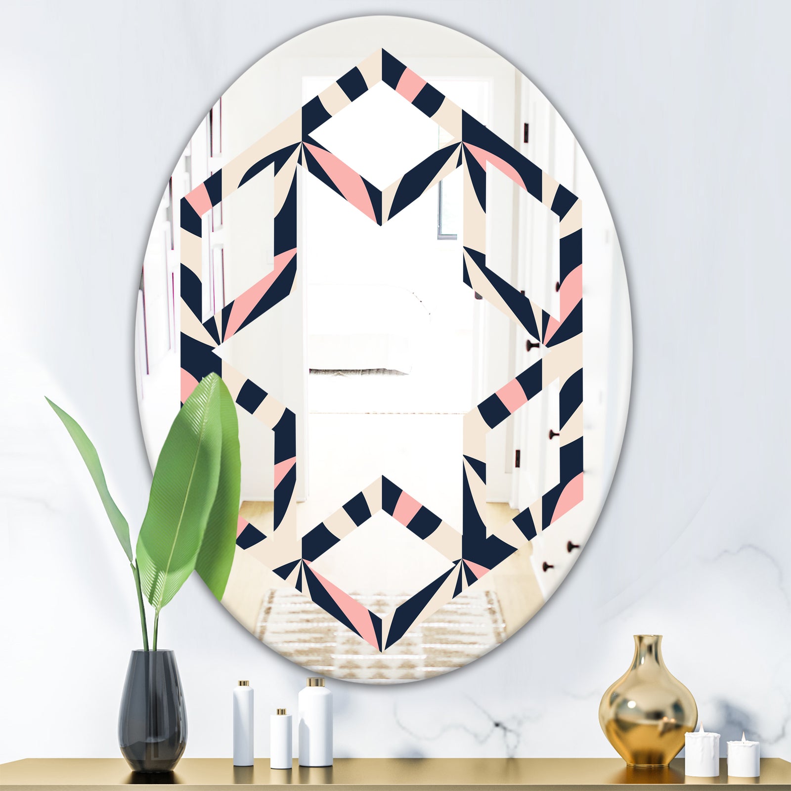Floral Retro Botanical Pattern III - Modern Round or Oval Wall Mirror - Hexagon Star