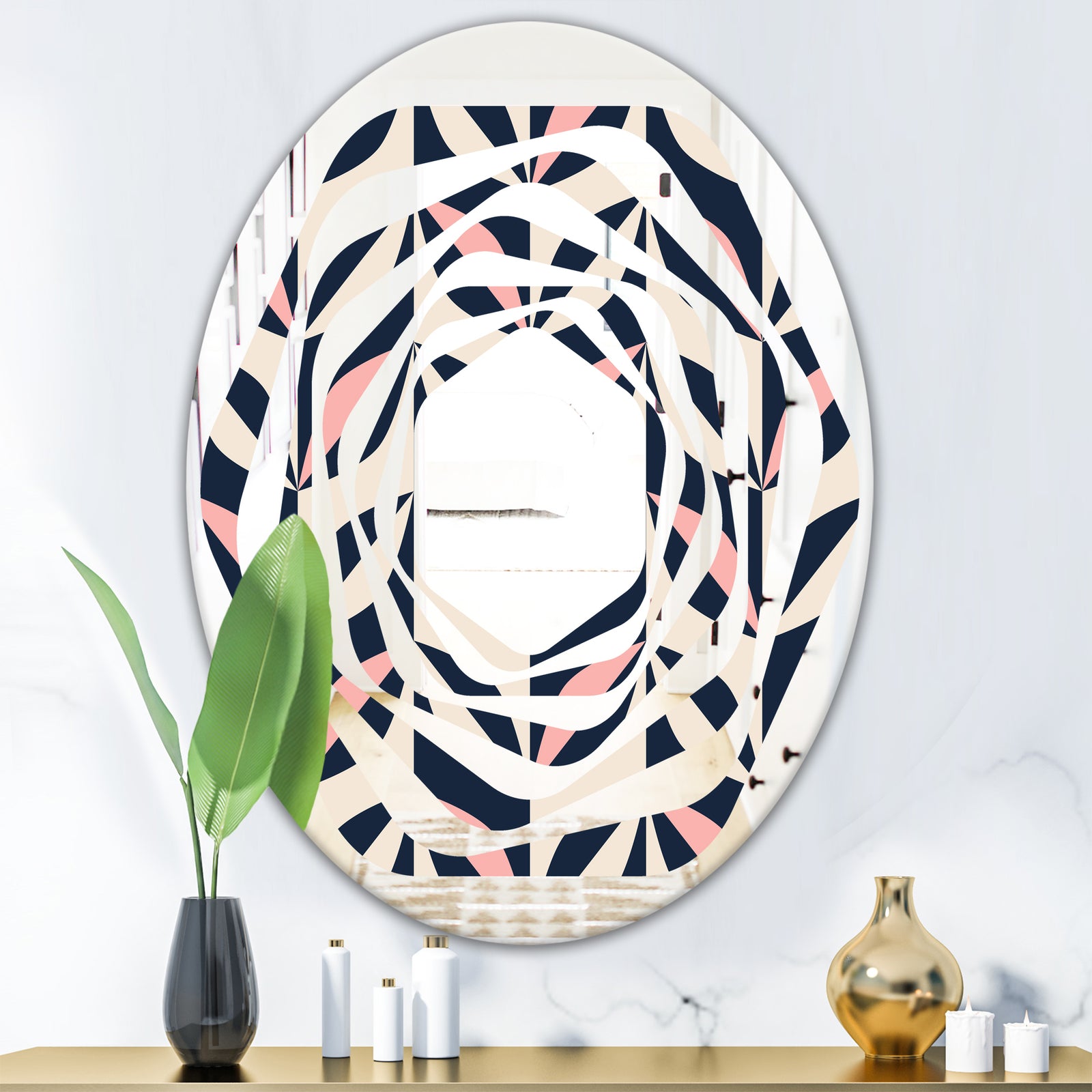 Floral Retro Botanical Pattern III - Modern Round or Oval Wall Mirror - Whirl