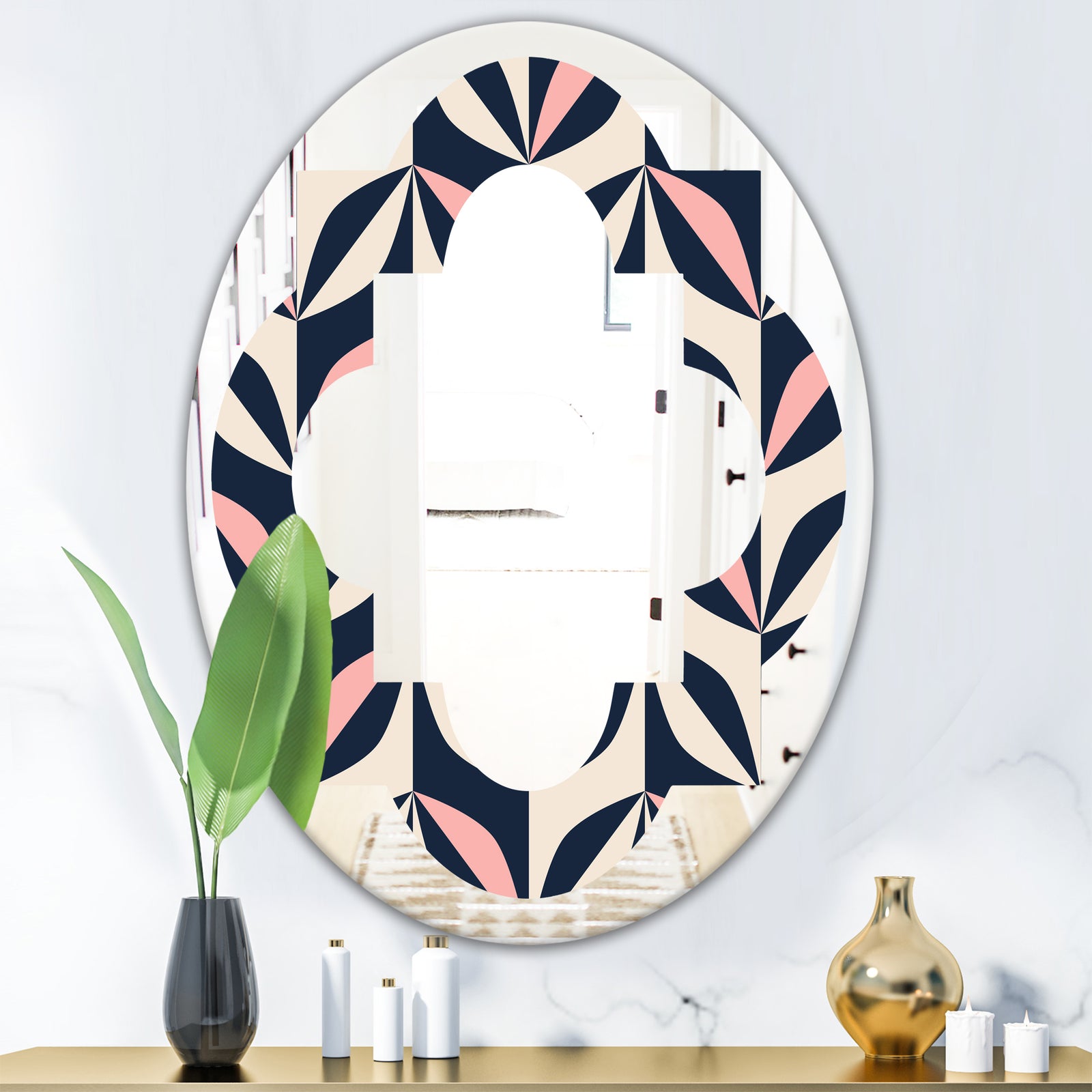 Floral Retro Botanical Pattern III - Modern Round or Oval Wall Mirror - Quatrefoil
