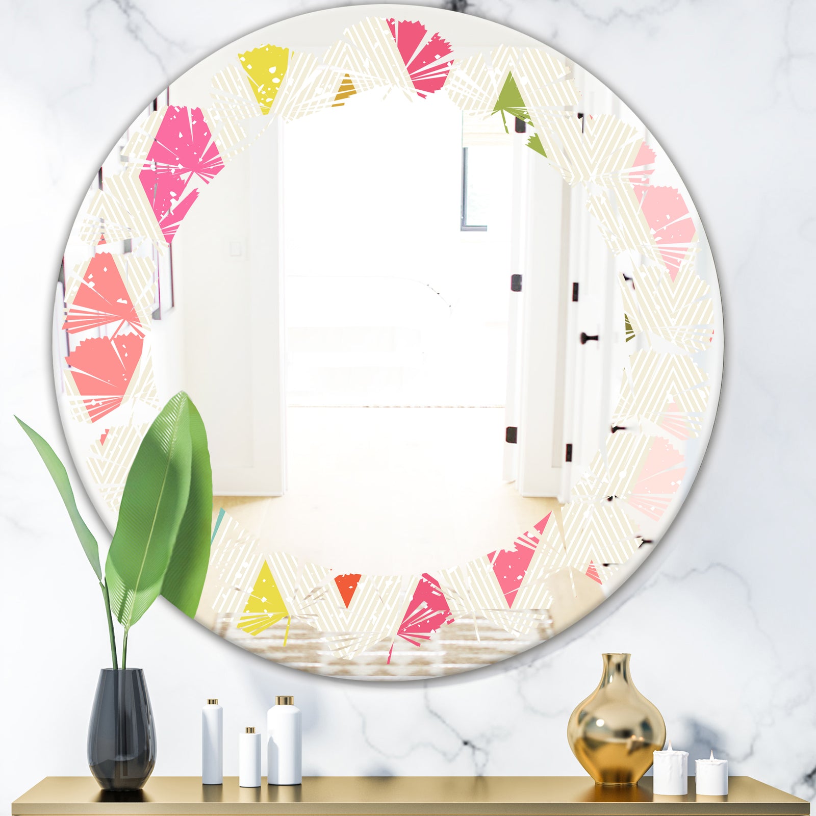 Diamond Retro III - Modern Round or Oval Wall Mirror - Leaves