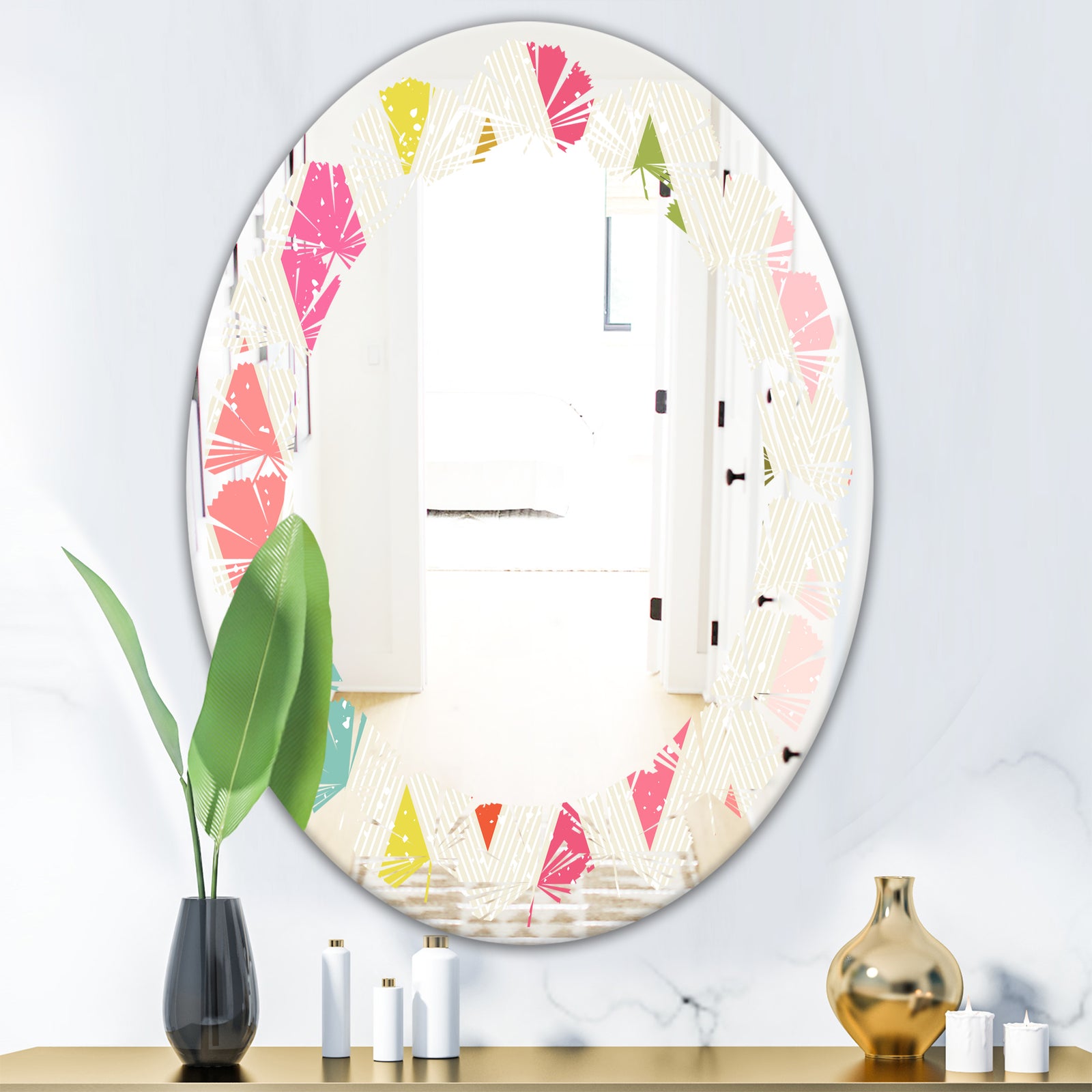 Diamond Retro III - Modern Round or Oval Wall Mirror - Leaves
