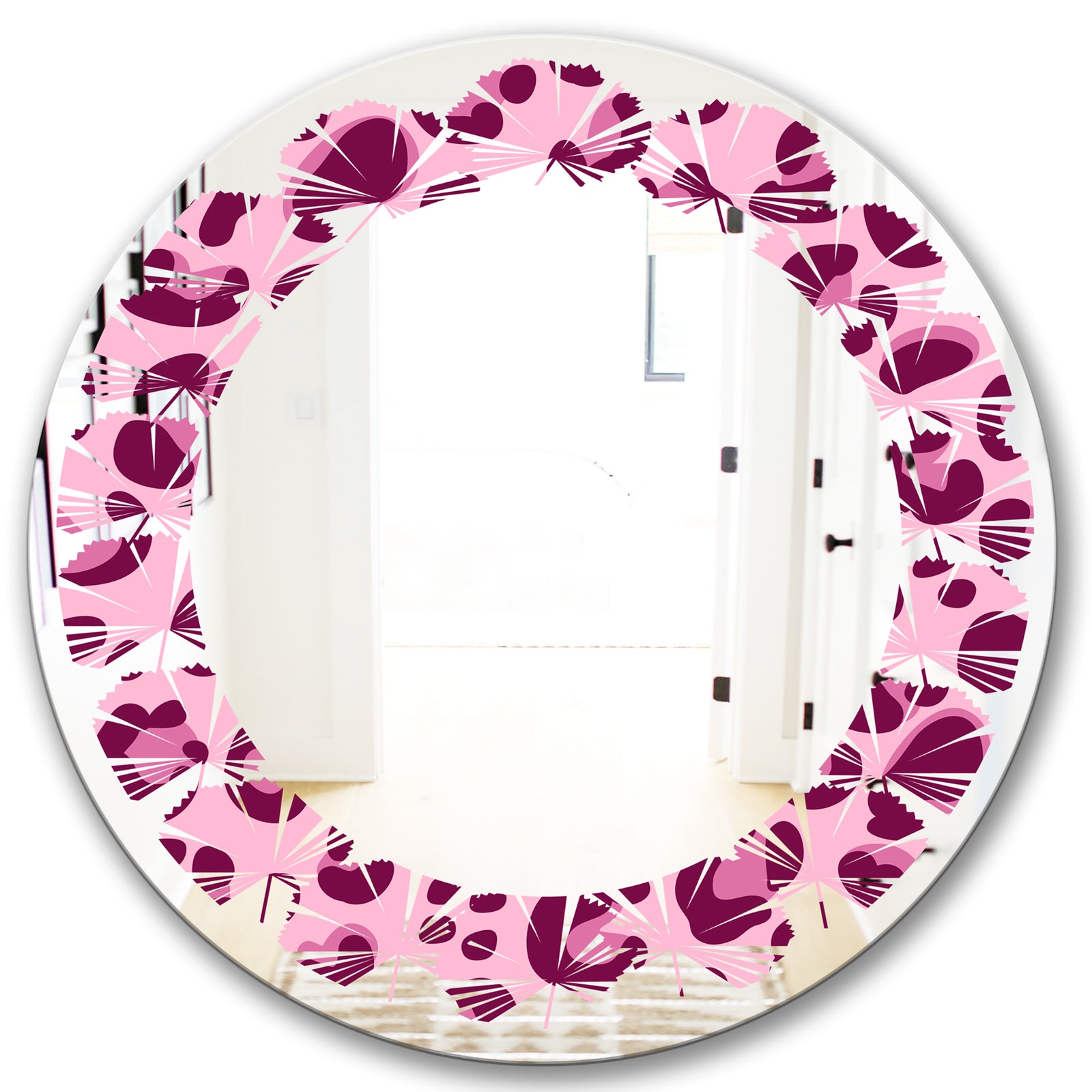 Pink Leopard Pattern - Modern Round or Oval Wall Mirror - Leaves