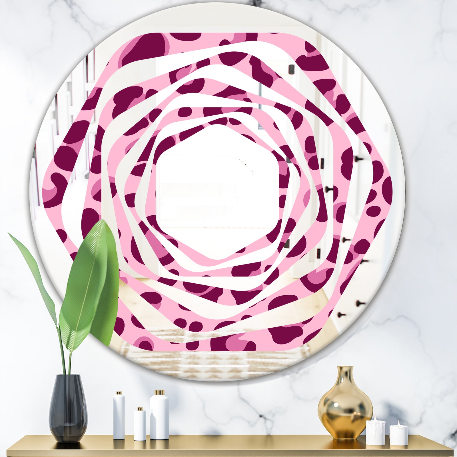 Pink Leopard Pattern - Modern Round or Oval Wall Mirror - Whirl