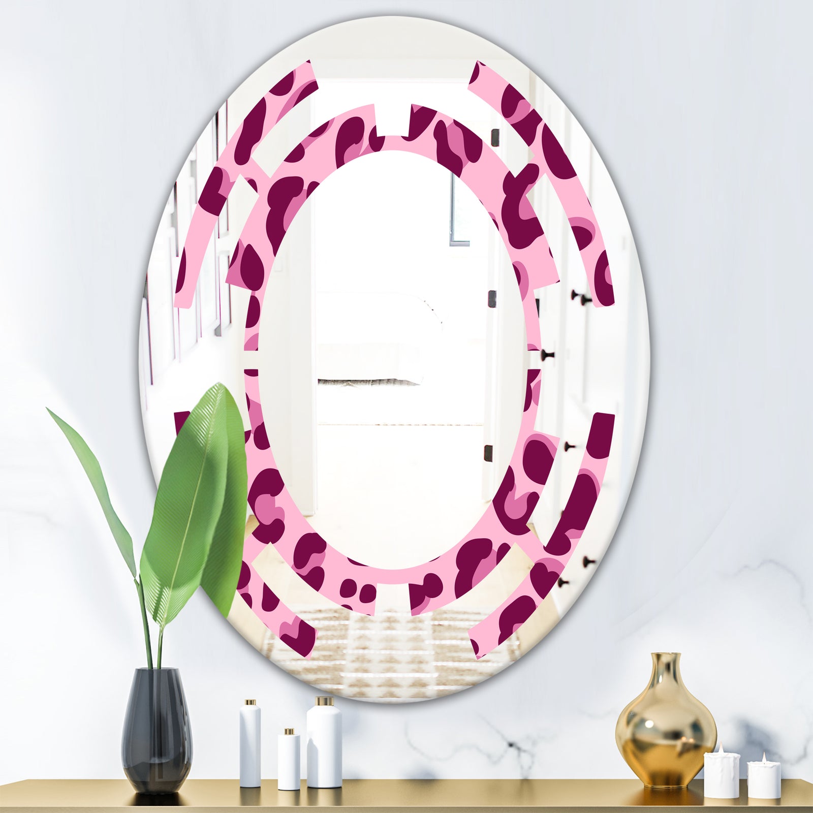 Pink Leopard Pattern - Modern Round or Oval Wall Mirror - Space