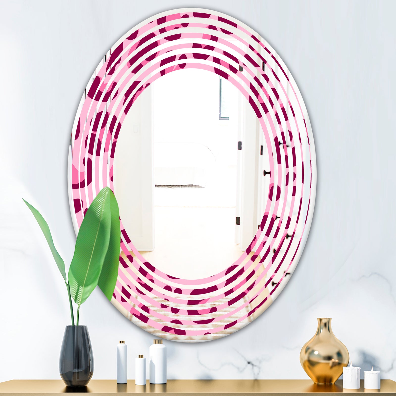 Pink Leopard Pattern - Modern Round or Oval Wall Mirror - Wave