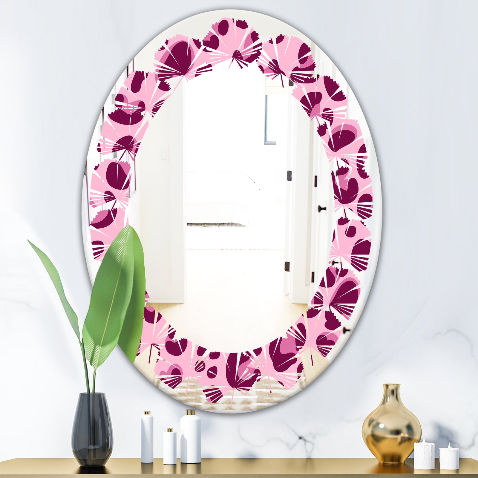 Pink Leopard Pattern - Modern Round or Oval Wall Mirror - Leaves
