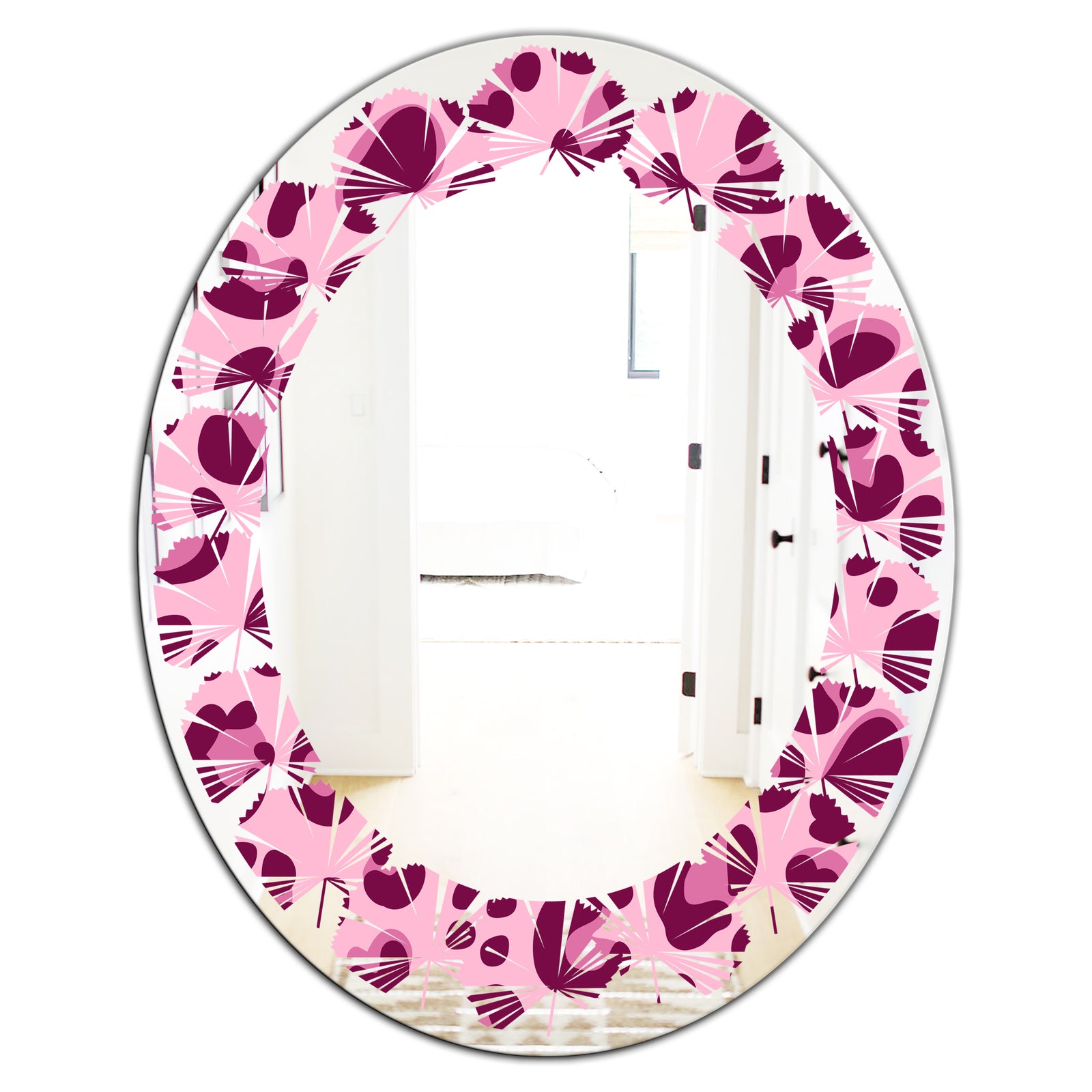 Pink Leopard Pattern - Modern Round or Oval Wall Mirror - Leaves