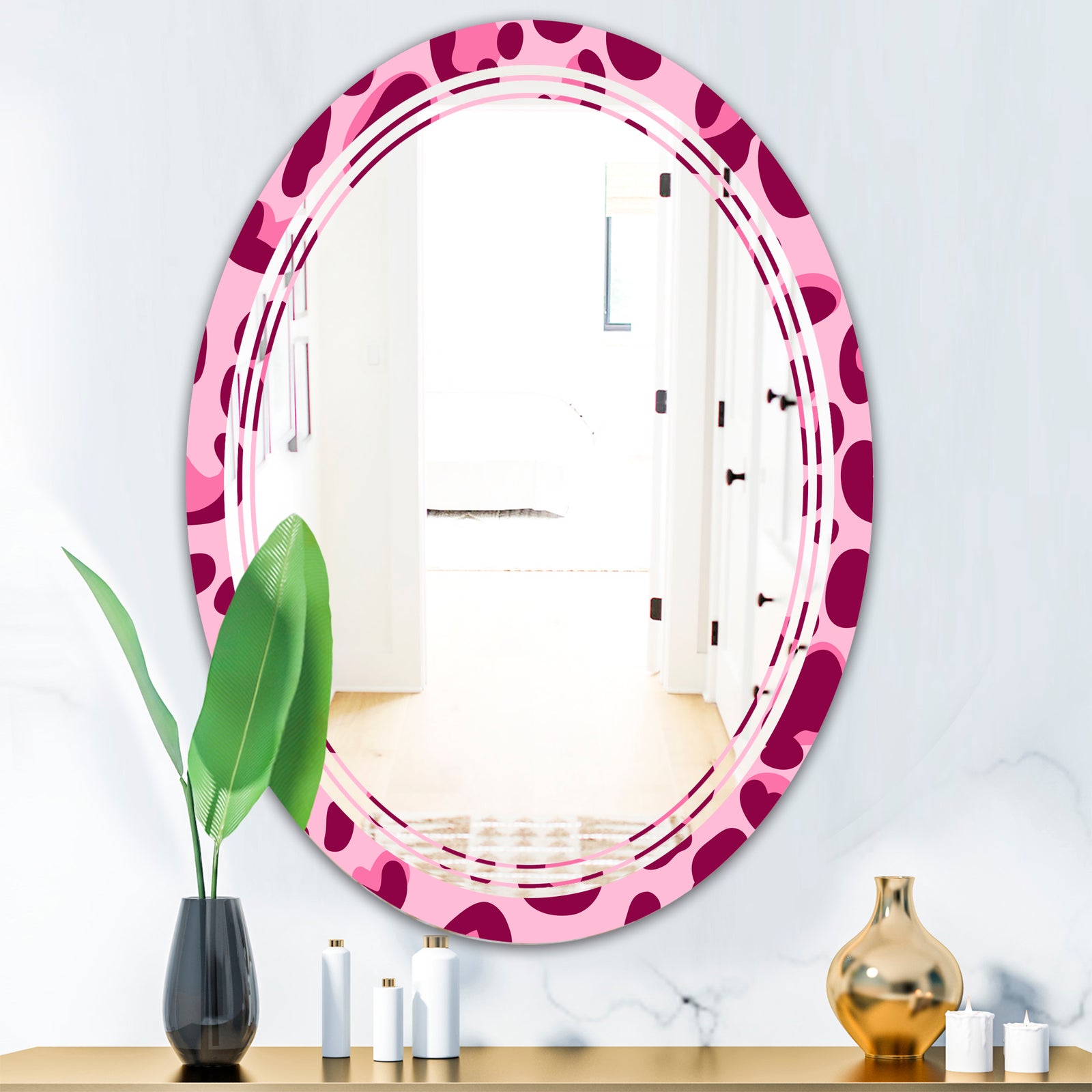 Pink Leopard Pattern - Modern Round or Oval Wall Mirror - Triple C