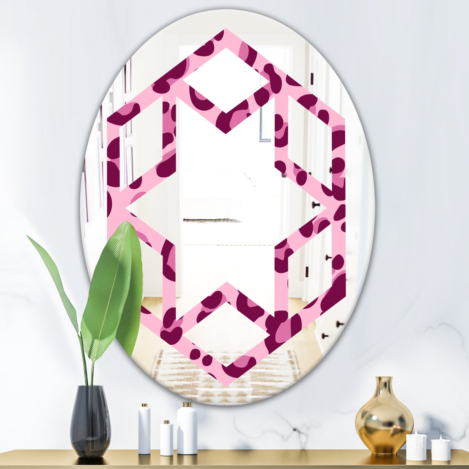 Pink Leopard Pattern - Modern Round or Oval Wall Mirror - Hexagon Star