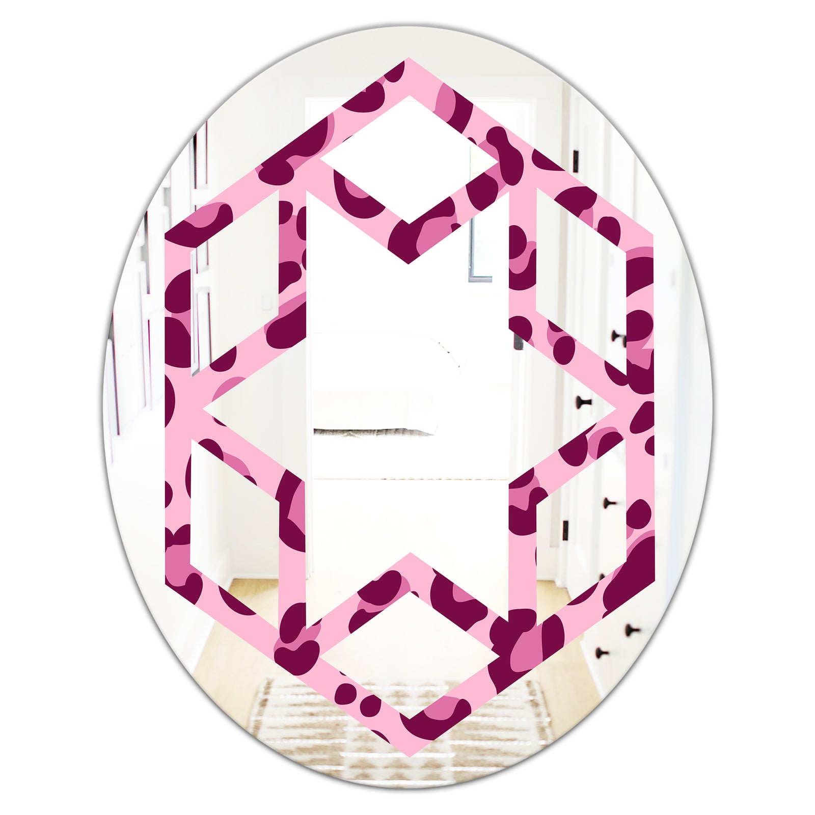 Pink Leopard Pattern - Modern Round or Oval Wall Mirror - Hexagon Star