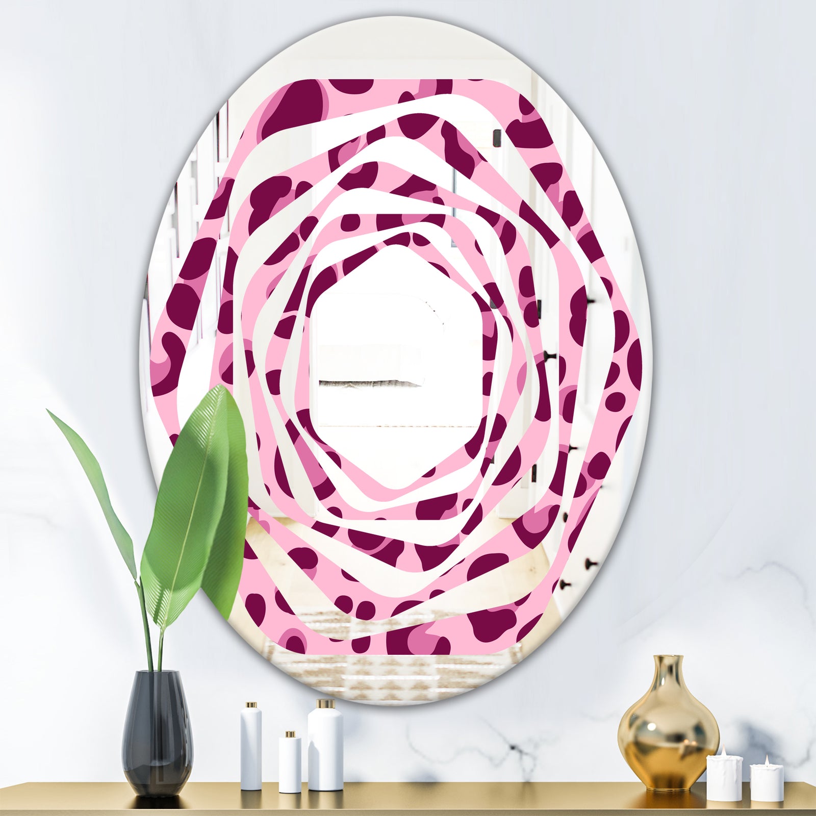 Pink Leopard Pattern - Modern Round or Oval Wall Mirror - Whirl