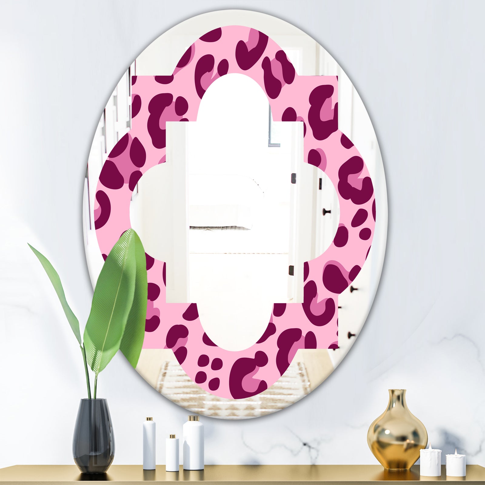Pink Leopard Pattern - Modern Round or Oval Wall Mirror - Quatrefoil
