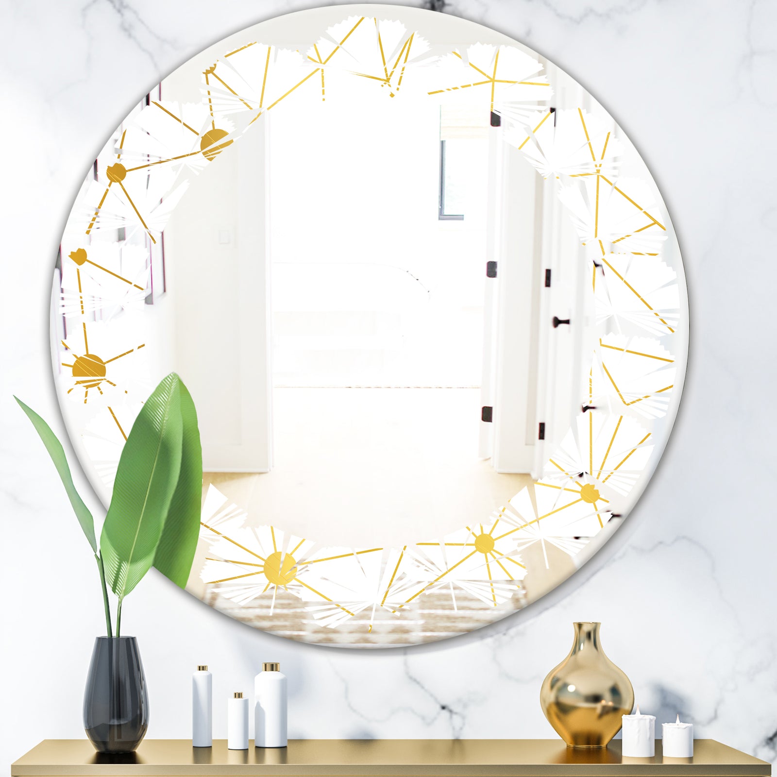 Golden Grid I - Modern Round or Oval Wall Mirror - Leaves