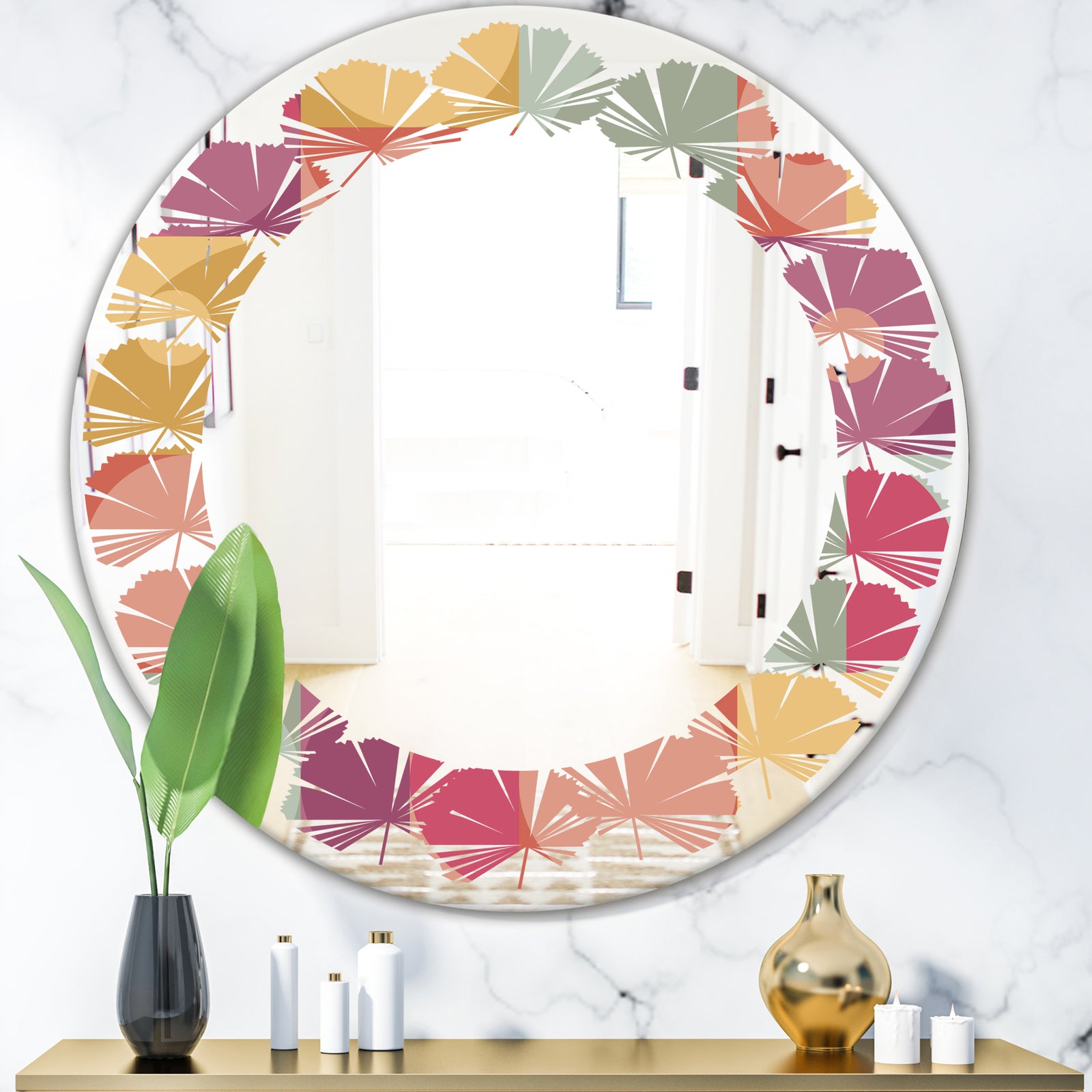 Geometric Retro Minimal I - Modern Round or Oval Wall Mirror - Leaves