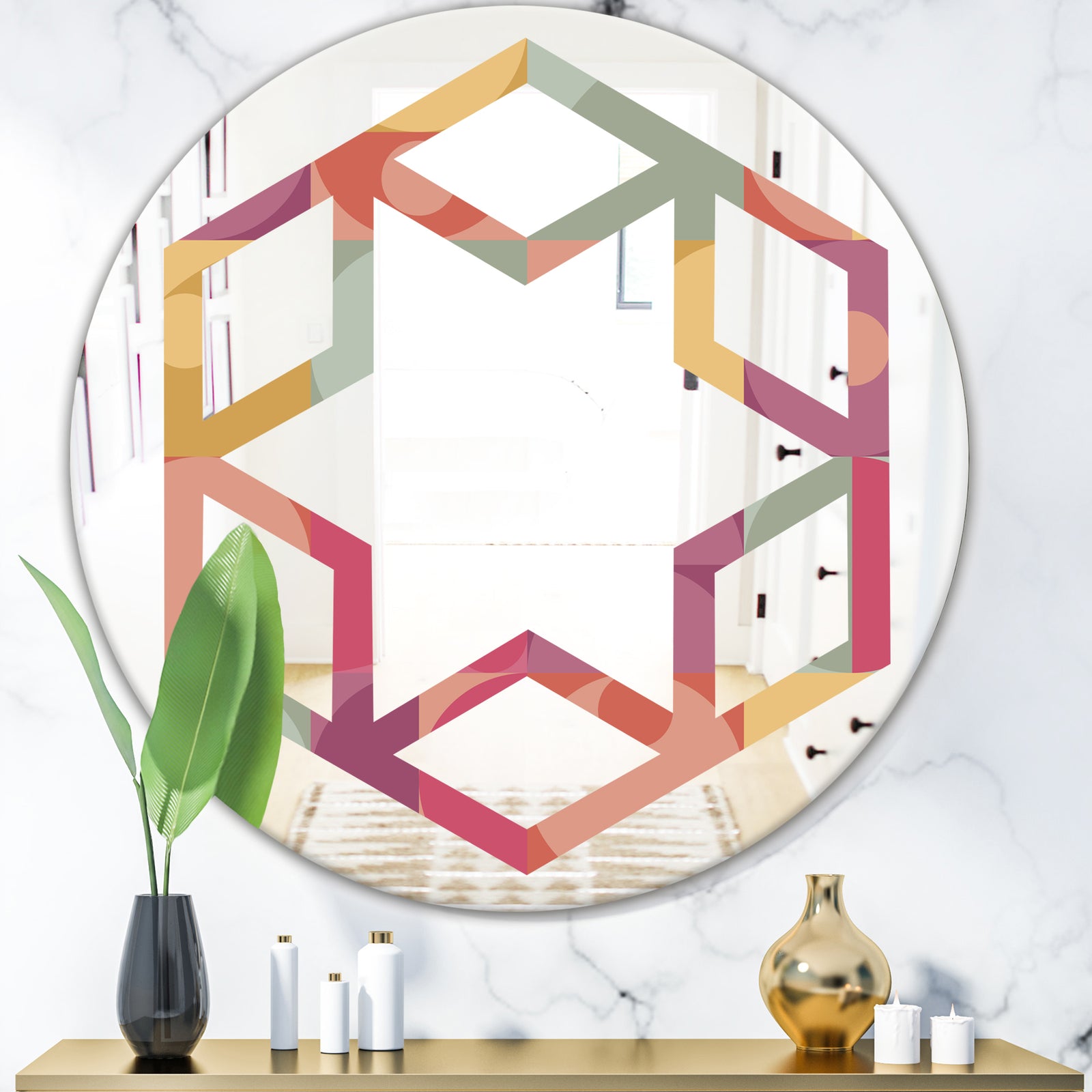 Geometric Retro Minimal I - Modern Round or Oval Wall Mirror - Hexagon Star