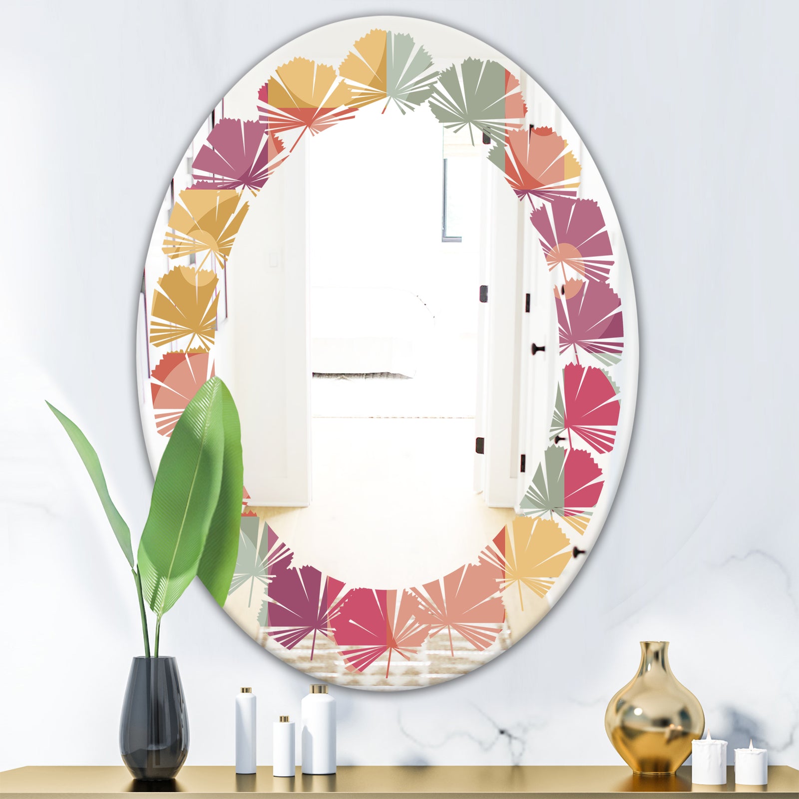 Geometric Retro Minimal I - Modern Round or Oval Wall Mirror - Leaves