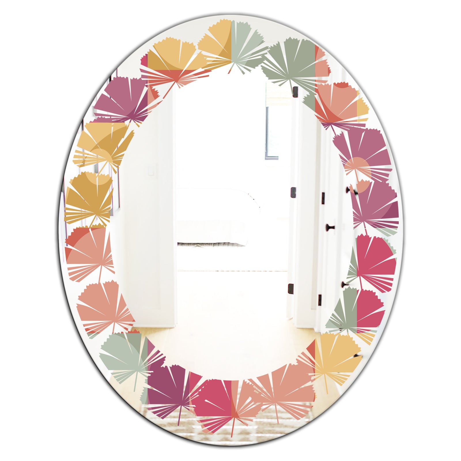 Geometric Retro Minimal I - Modern Round or Oval Wall Mirror - Leaves