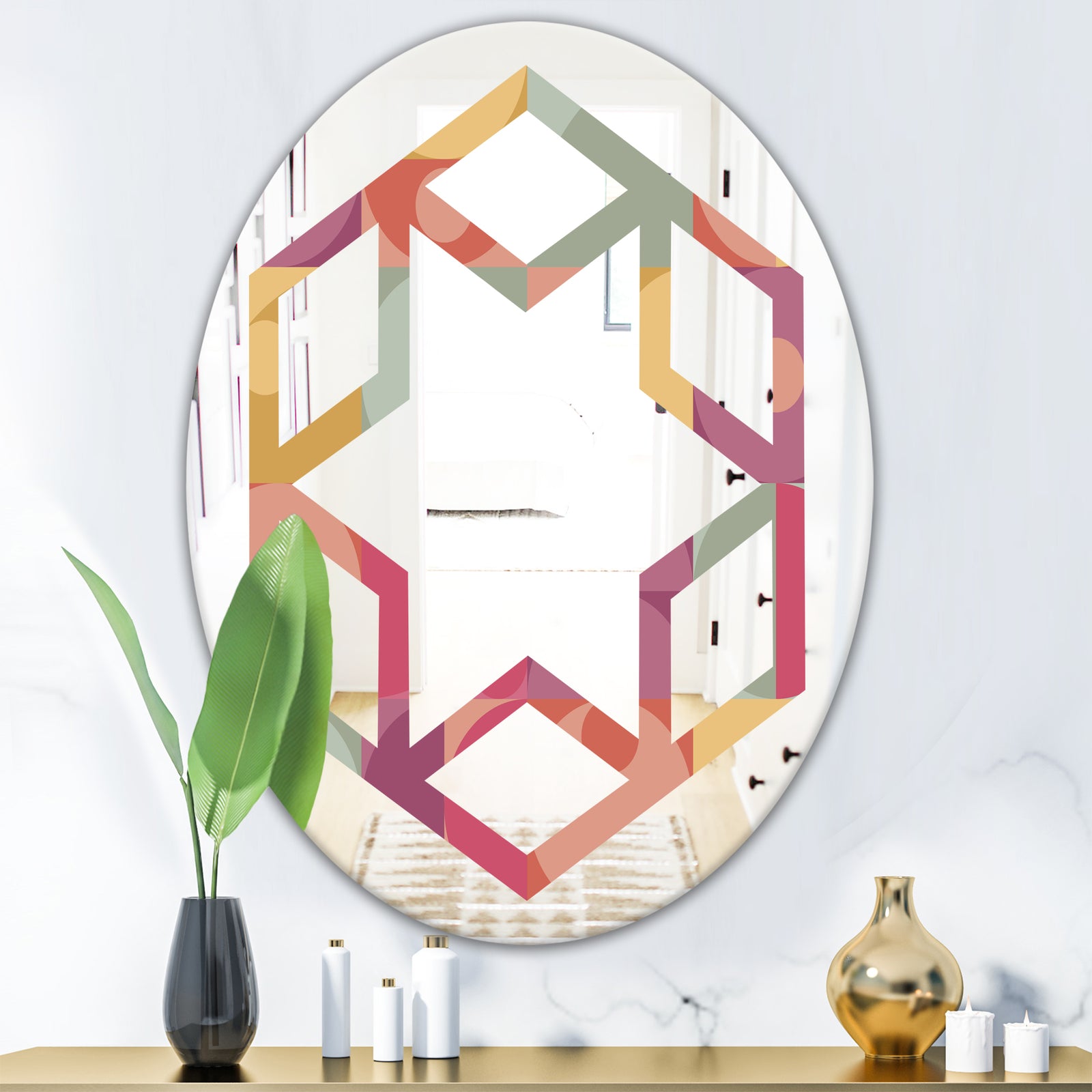Geometric Retro Minimal I - Modern Round or Oval Wall Mirror - Hexagon Star